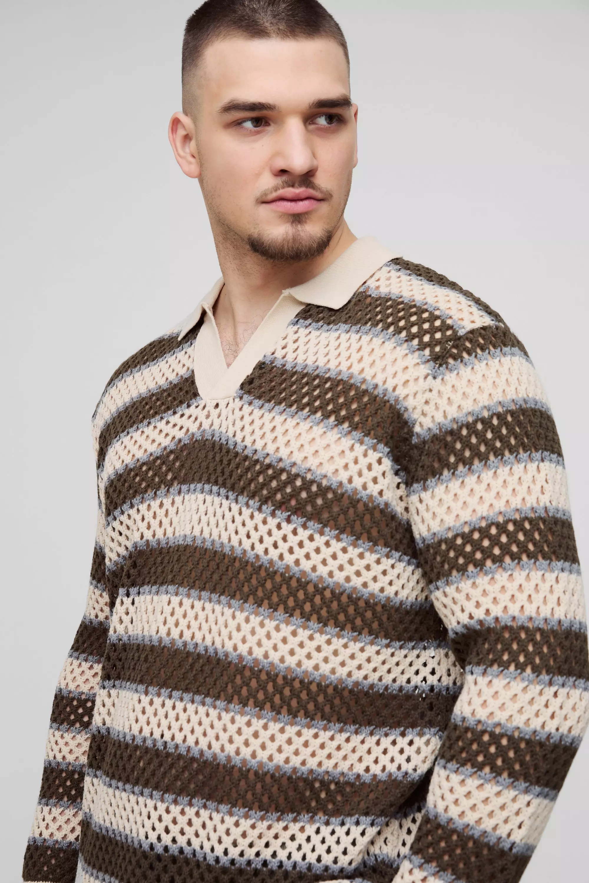 Stone Tall Stripe Knitted Rugby Polo alternative image