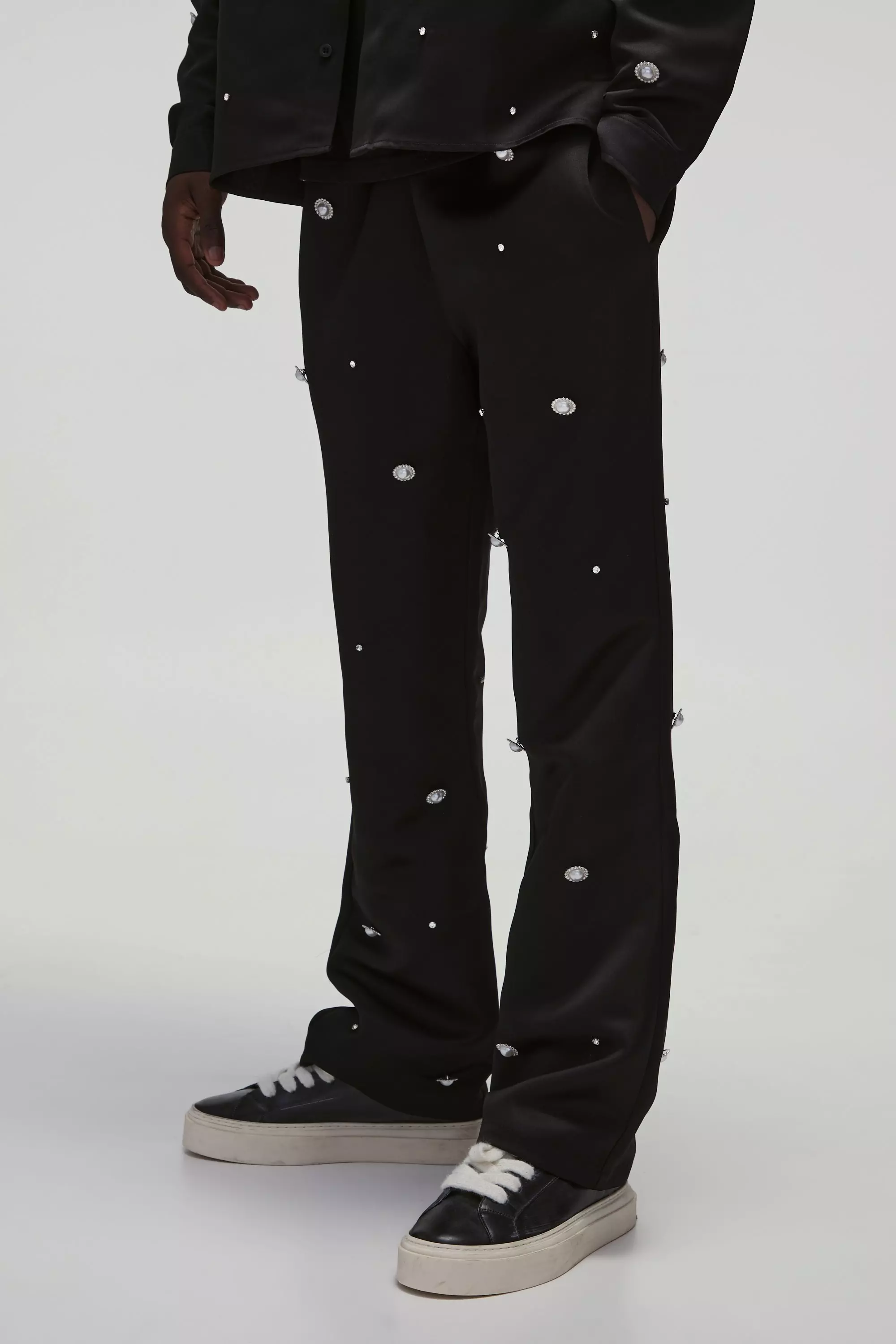 Black Heavy Satin Embellished Elasticated Waist Flared Trousers