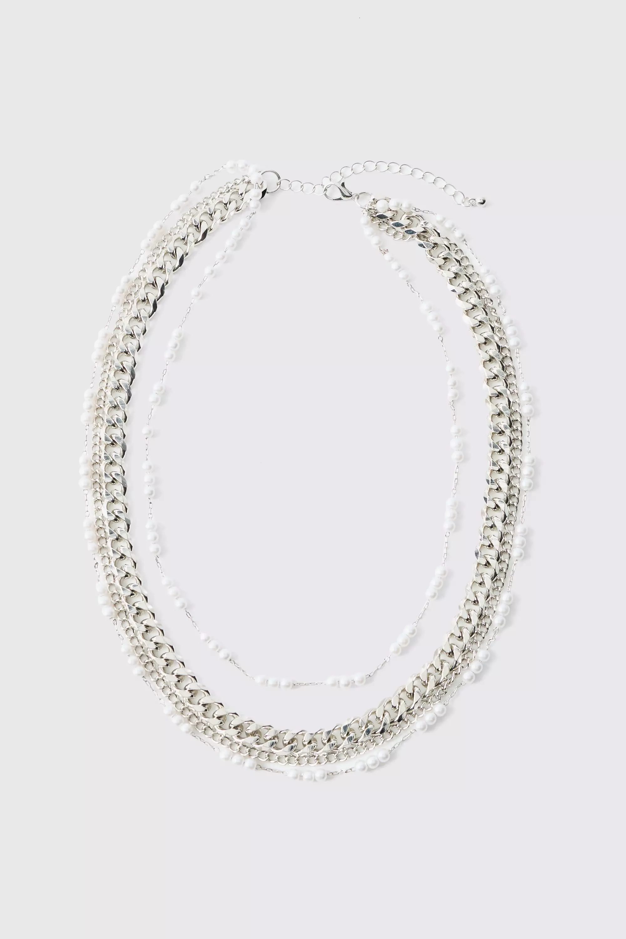 Tripple Layer Pearl Chunky Chain Silver