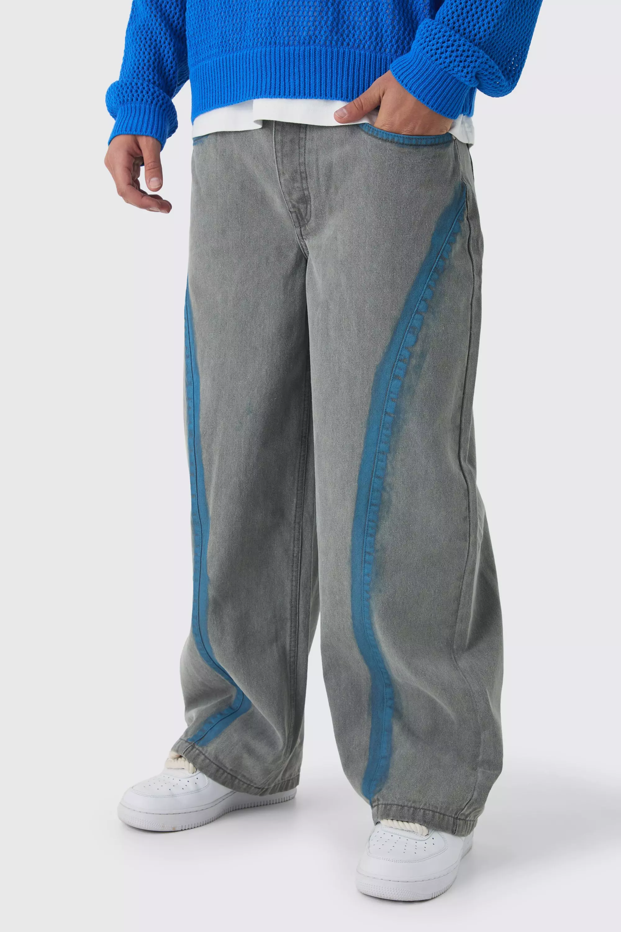 Grey Baggy Rigid Bleached Seam Detail Denim Jeans