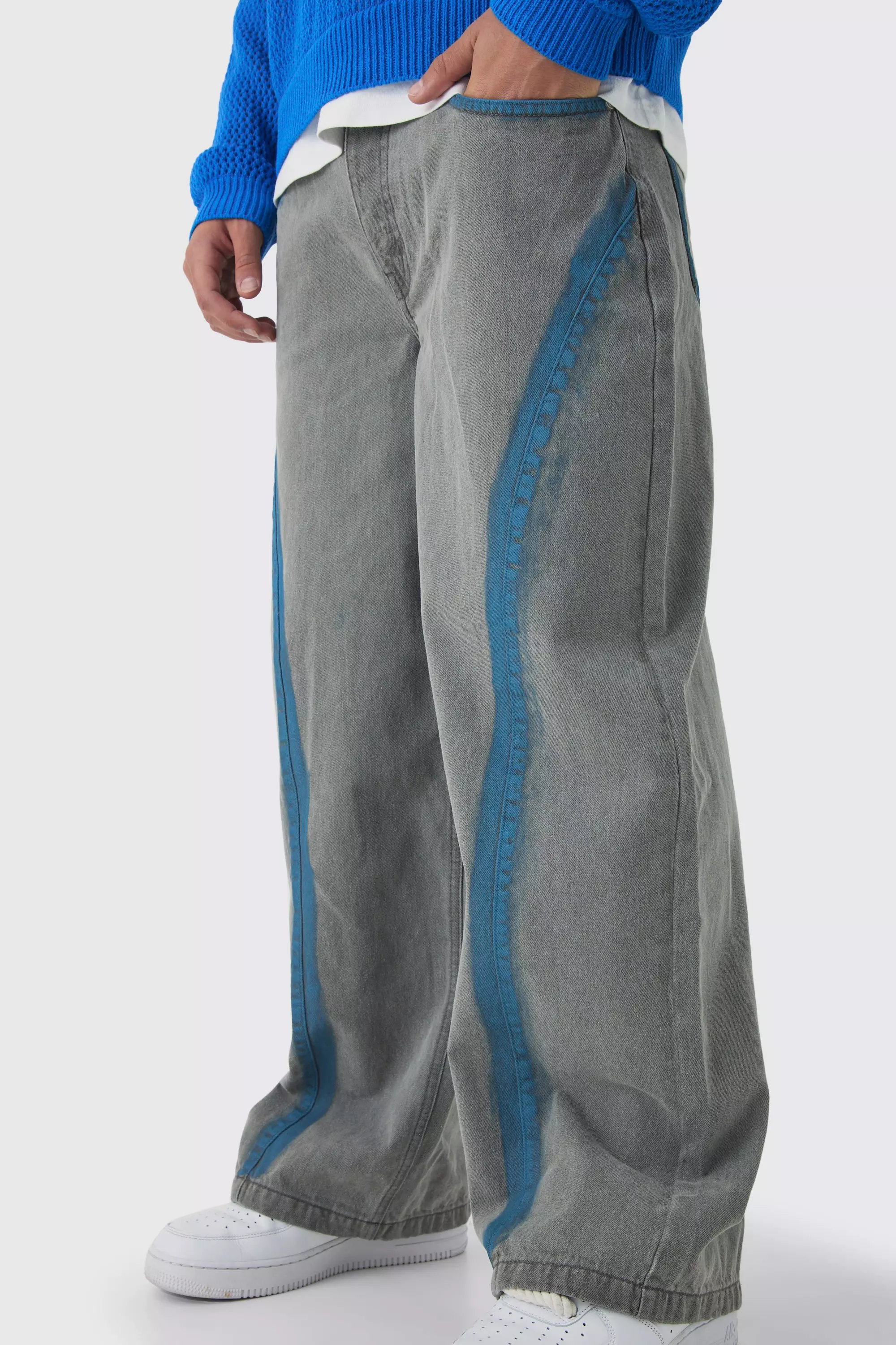 Grey Baggy Rigid Bleached Seam Detail Denim Jeans alternative image