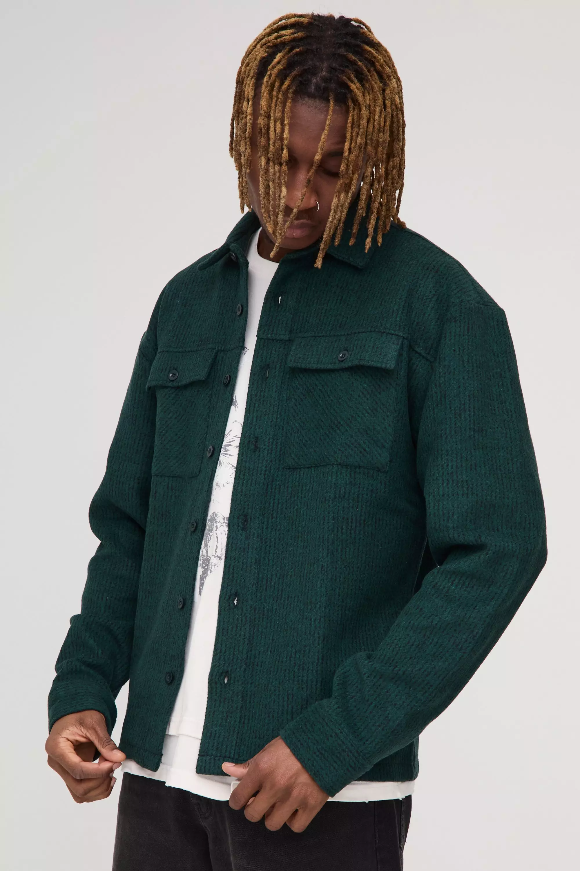 Green Tall Textured Brushed Shirt Jacket