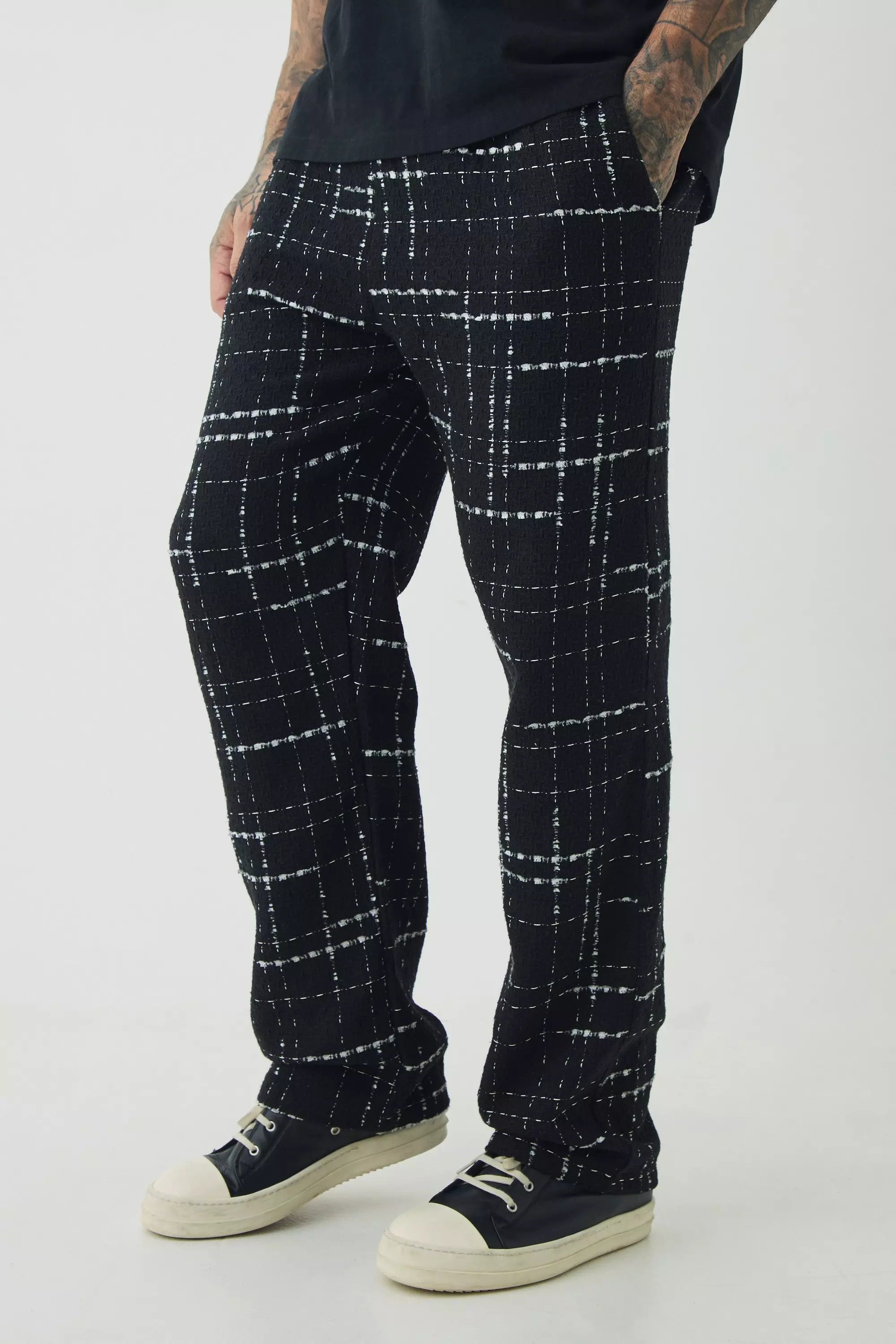 Tall Boucle Plaid Relaxed Elasticated Waist Pants Black