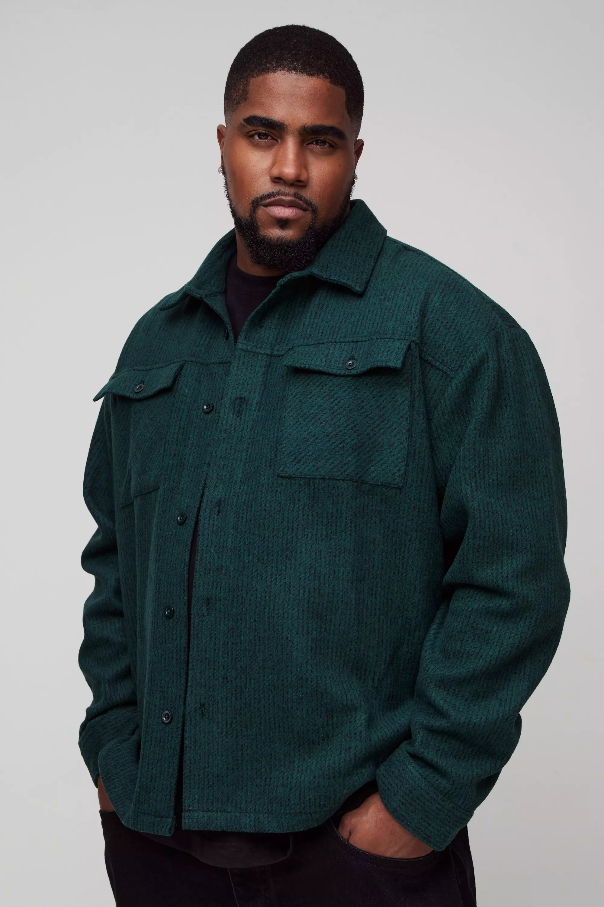 Plus Textured Brushed Shirt Jacket Dark green