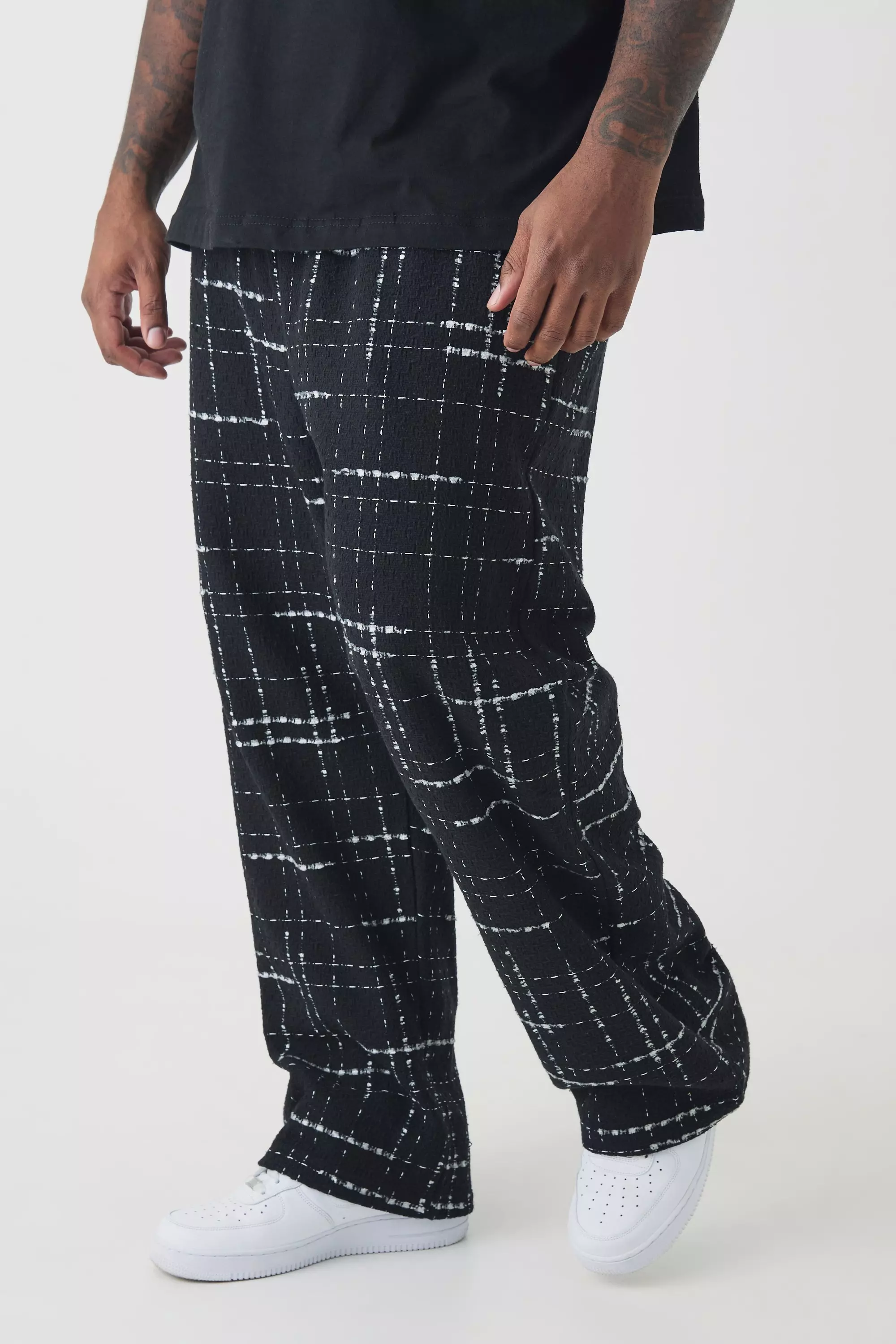 Plus Boucle Plaid Relaxed Elasticated Waist Pants Black