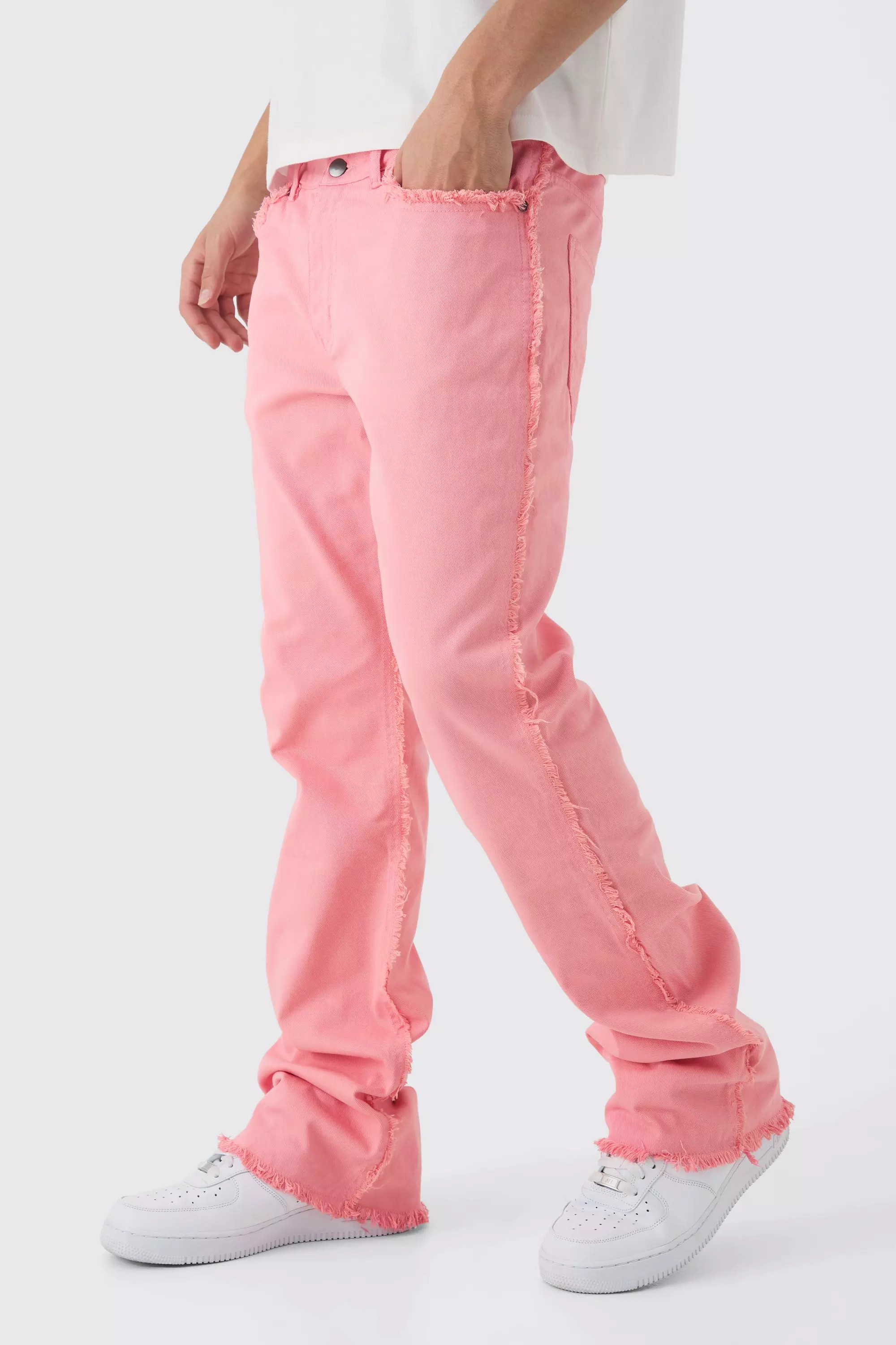 Slim Rigid Flare Stacked Frayed Edge Denim Jeans Pink