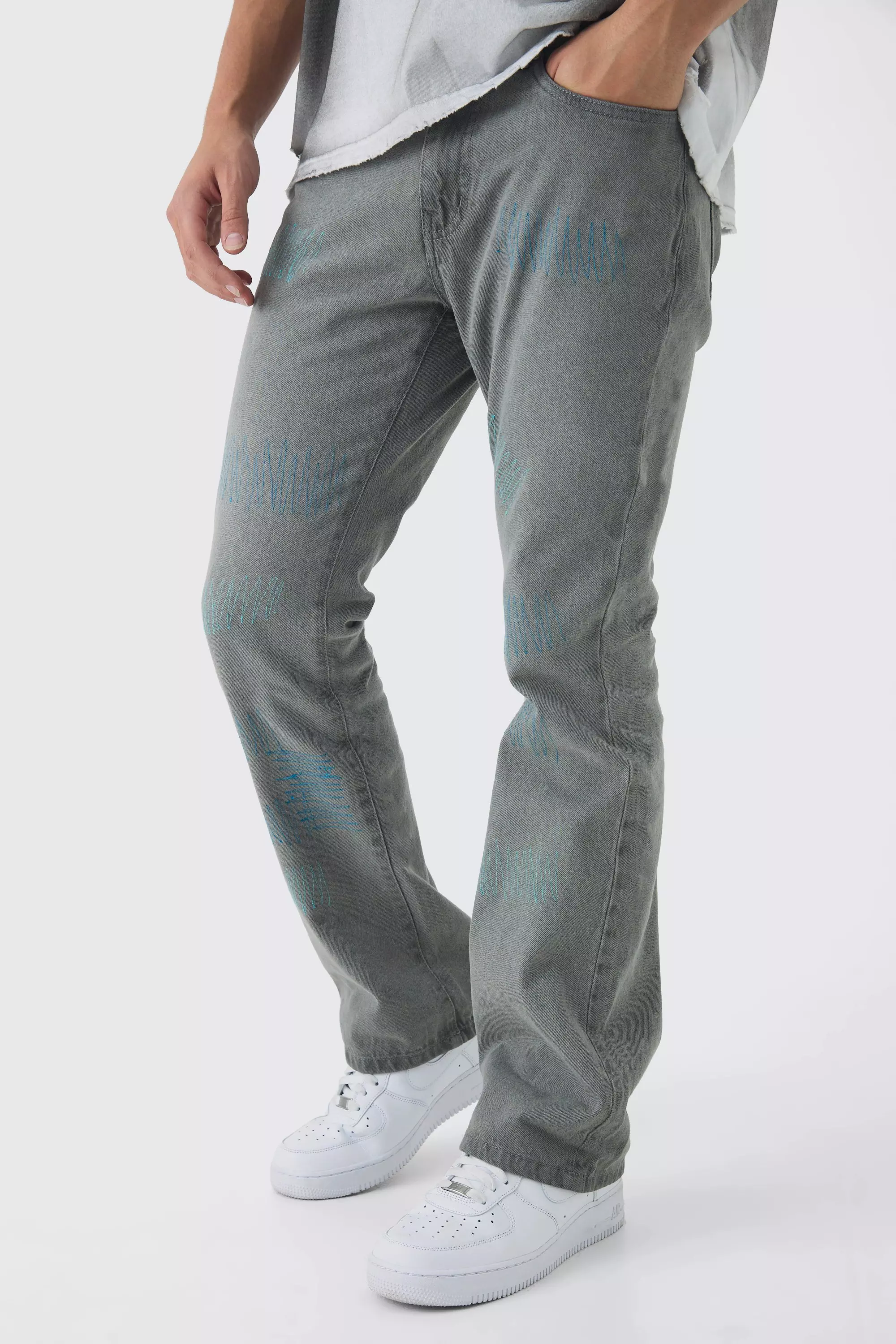 Slim Rigid Flare Contrast Stitch Repair Denim Jeans Grey