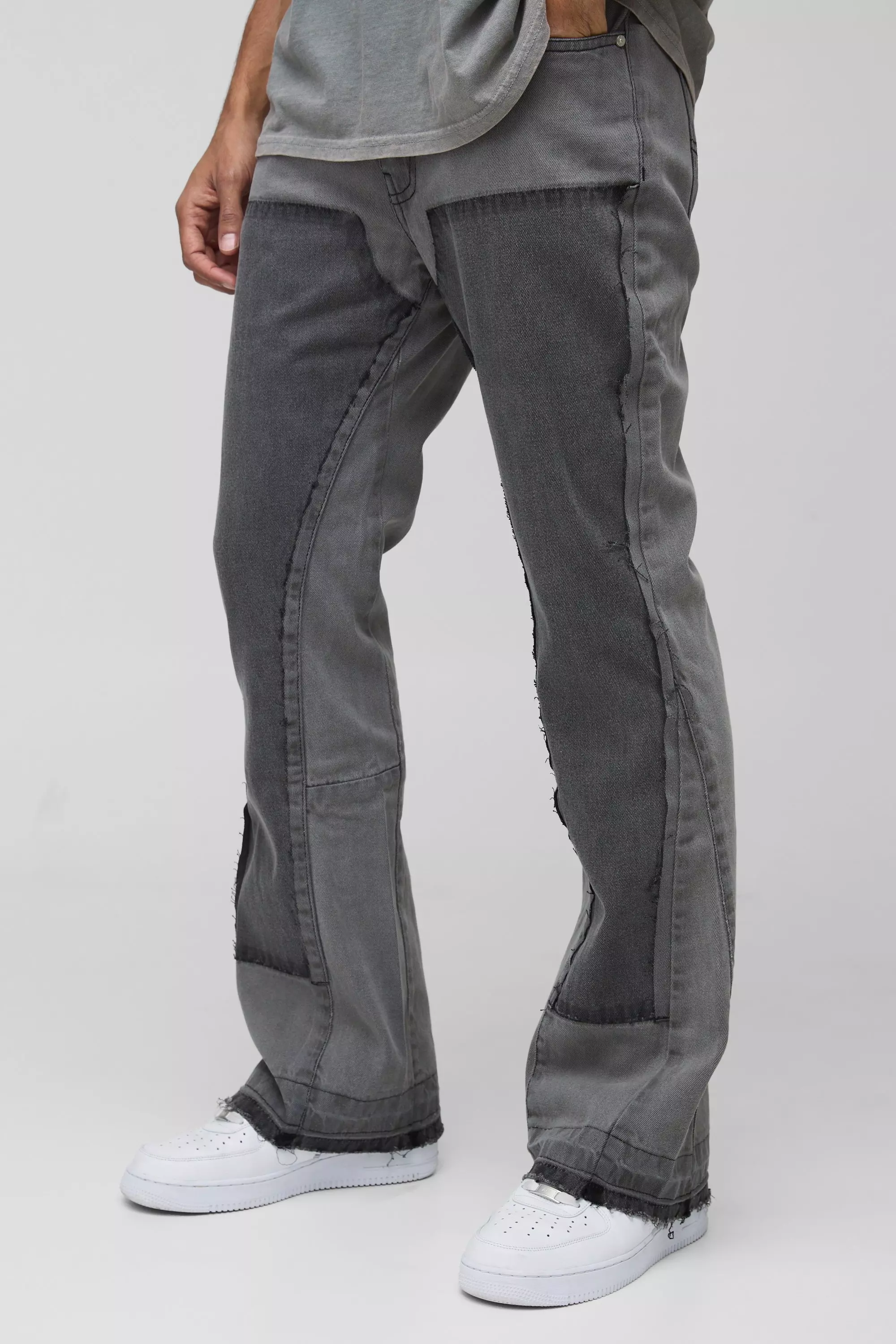 Grey Slim Rigid Flare Carpenter Distressed Denim Jeans