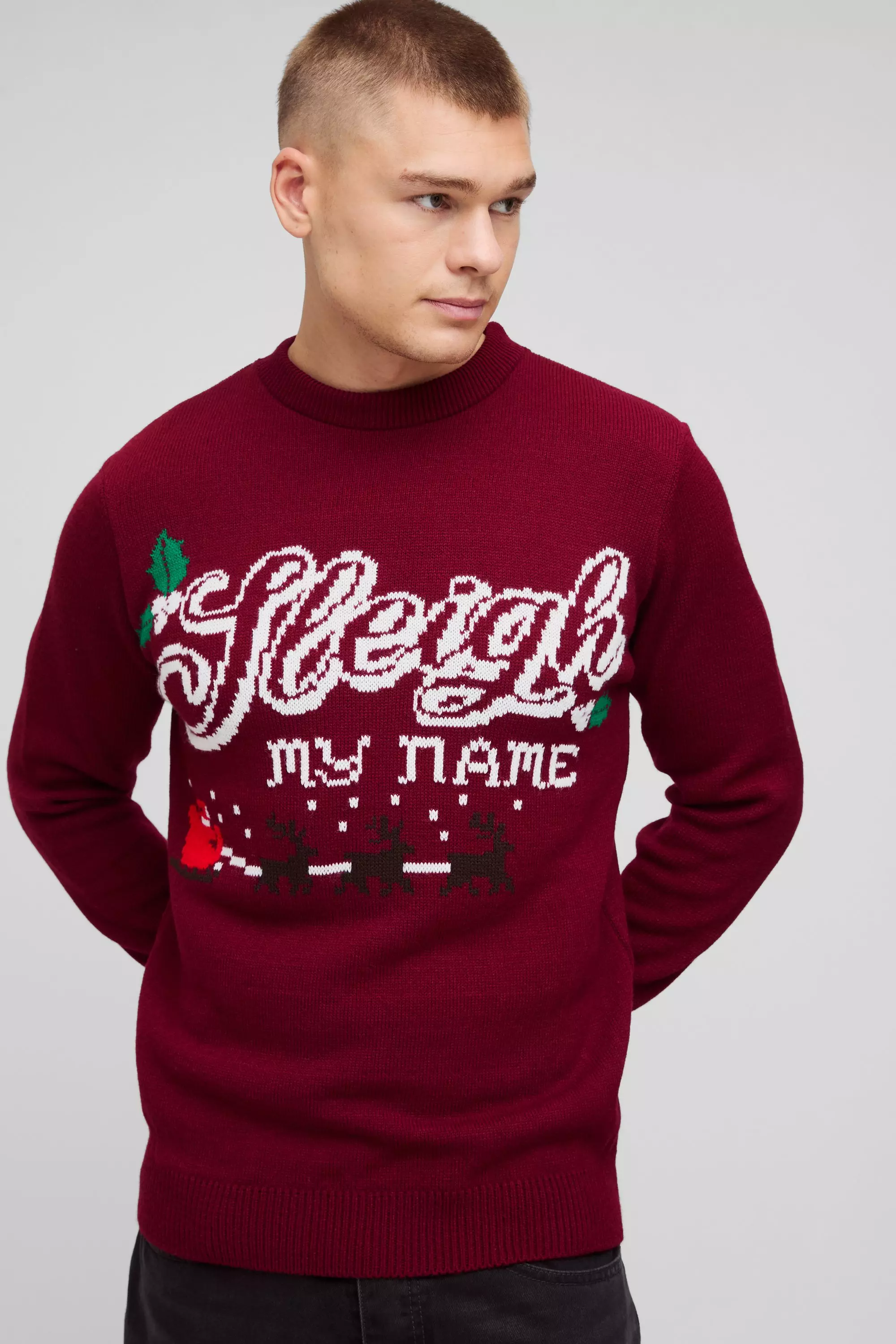 Red Regular Fit Sleigh My Name Christmas Knitted Jumper