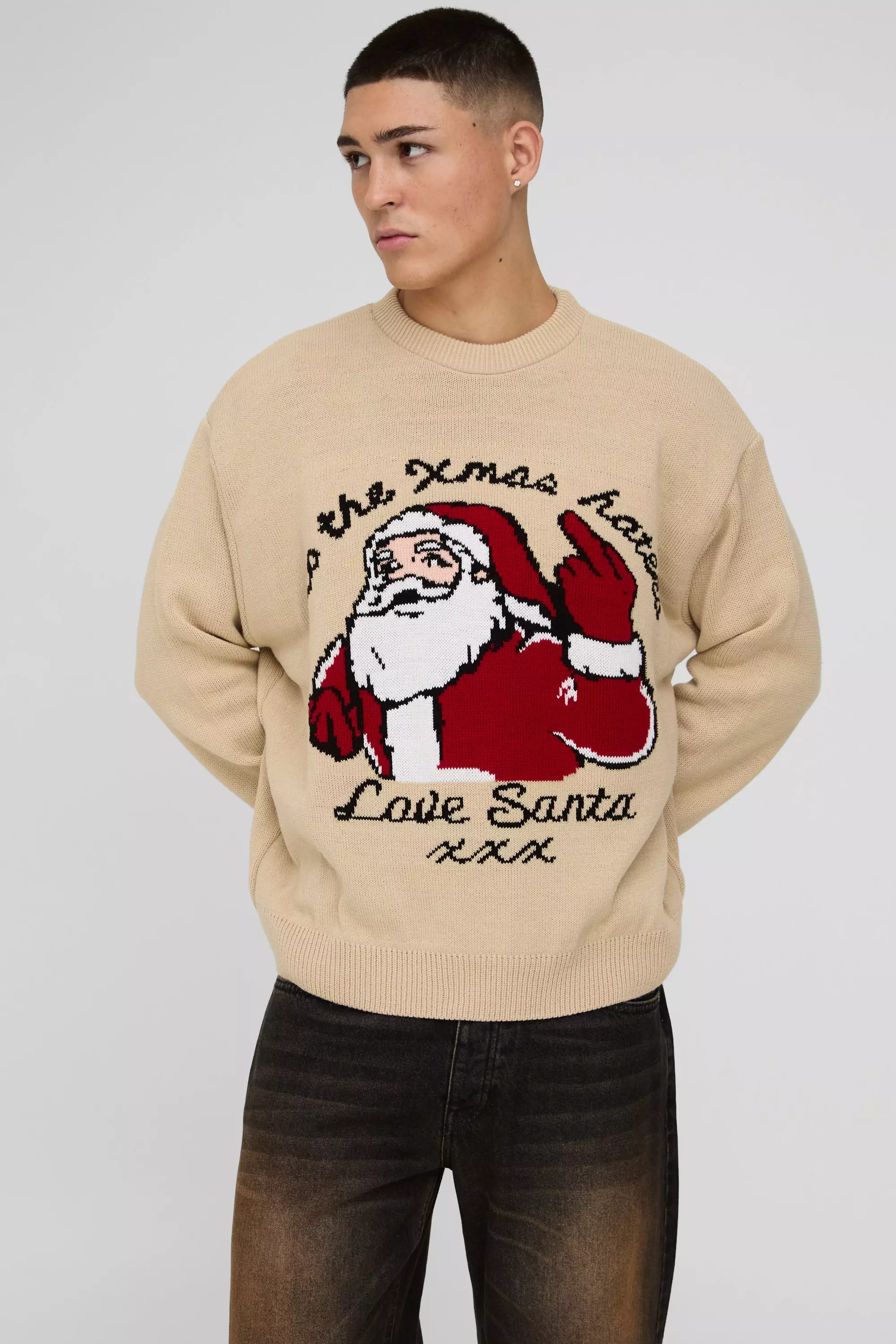 Oversized Boxy Love Santa Christmas Sweater boohooMAN USA