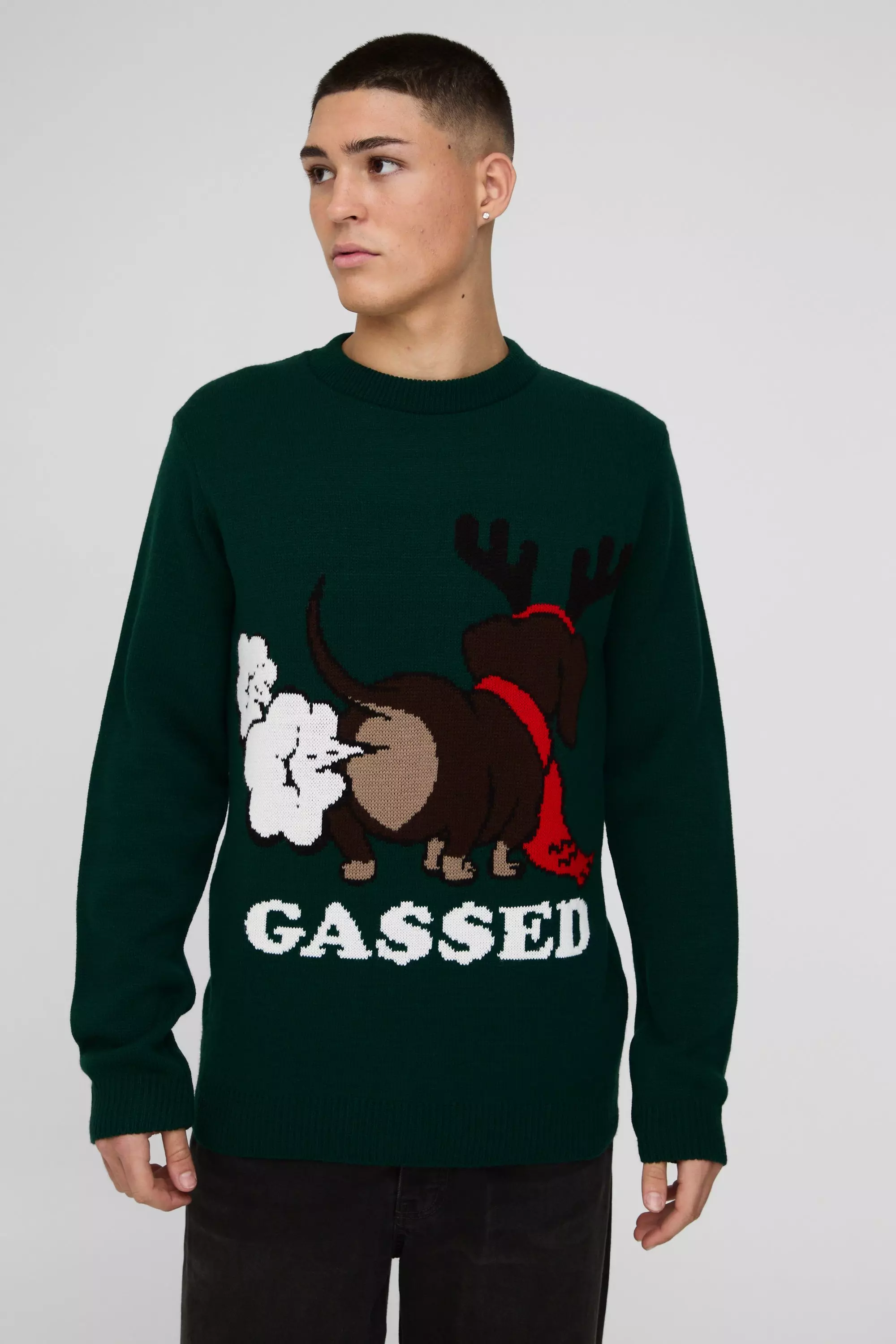 Regular Fit Gassed Christmas Sweater Green