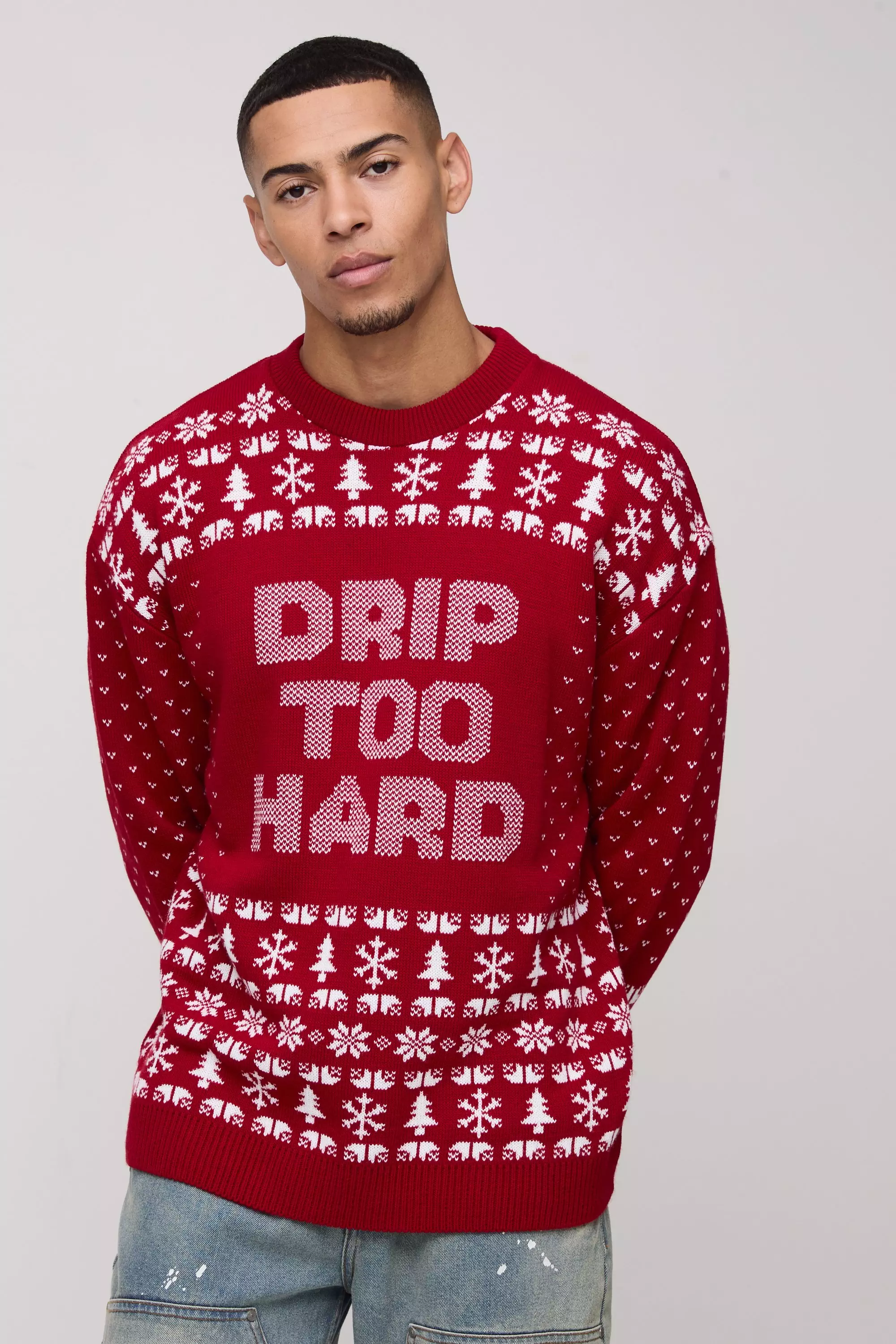 Oversized Drip Too Hard Christmas Sweater Red