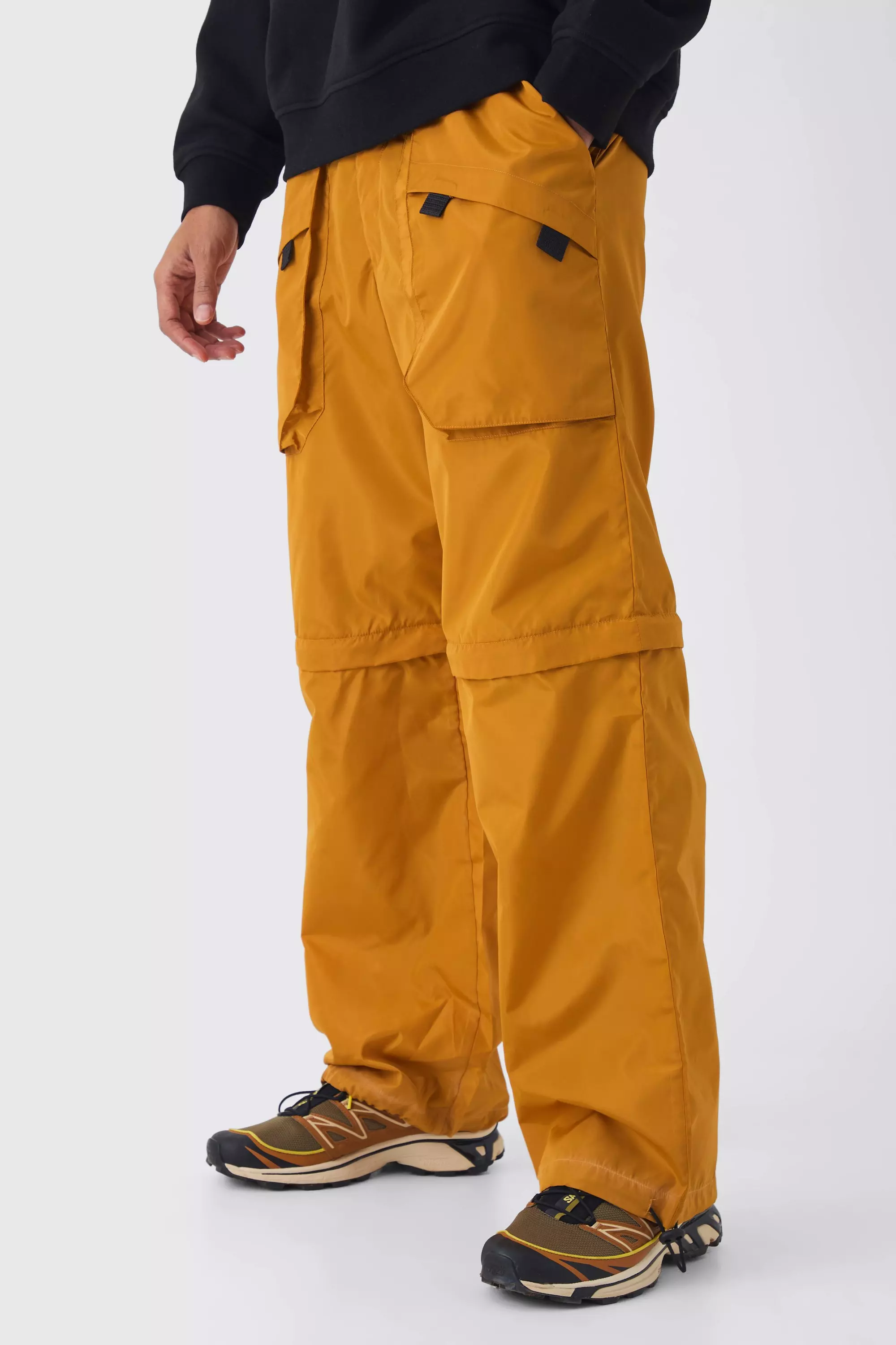 Orange Elasticated Waist Baggy Nylon Zip Off Convertible Pants