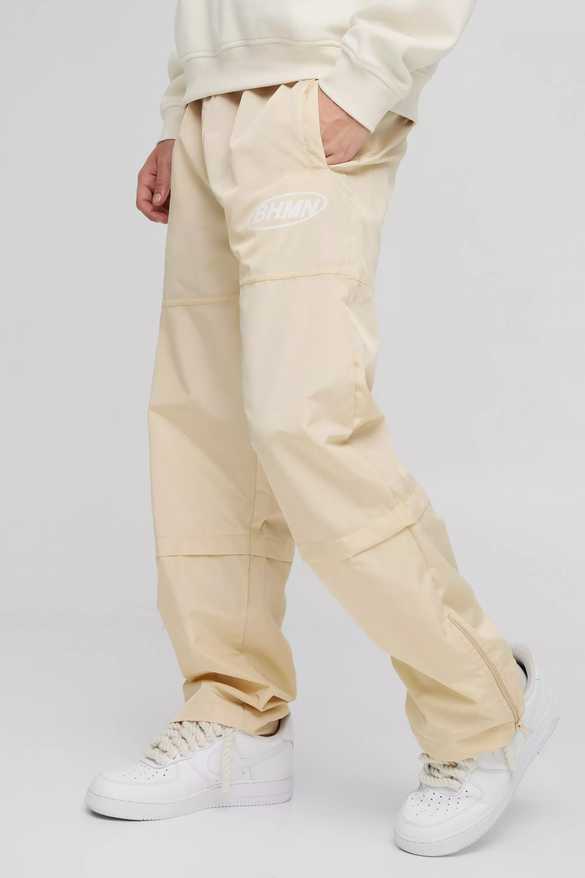 Elasticated Waist Relaxed Nylon Branded Pants Stone