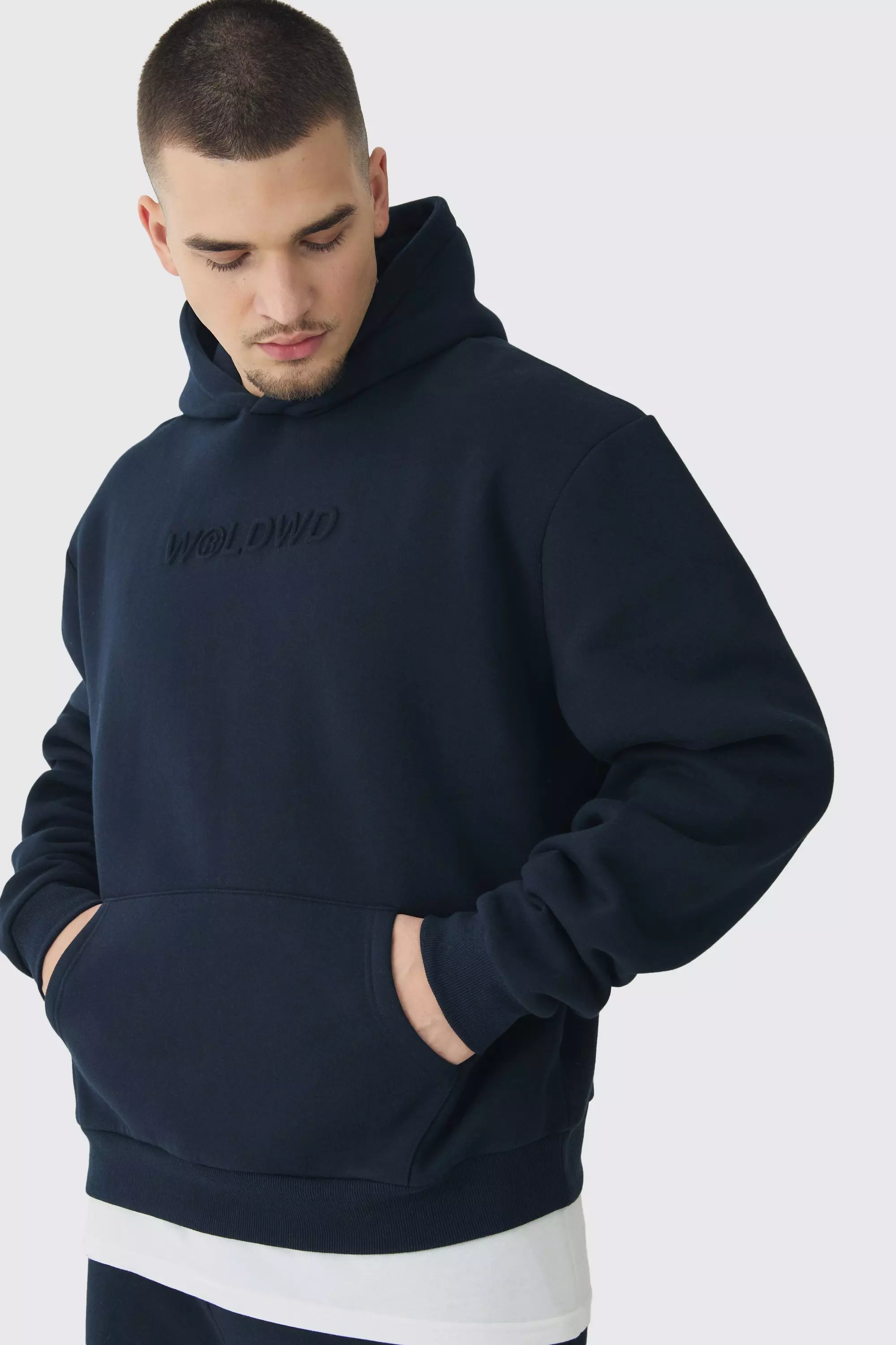 Tall Oversized Worldwide Embossed Hoodie Navy