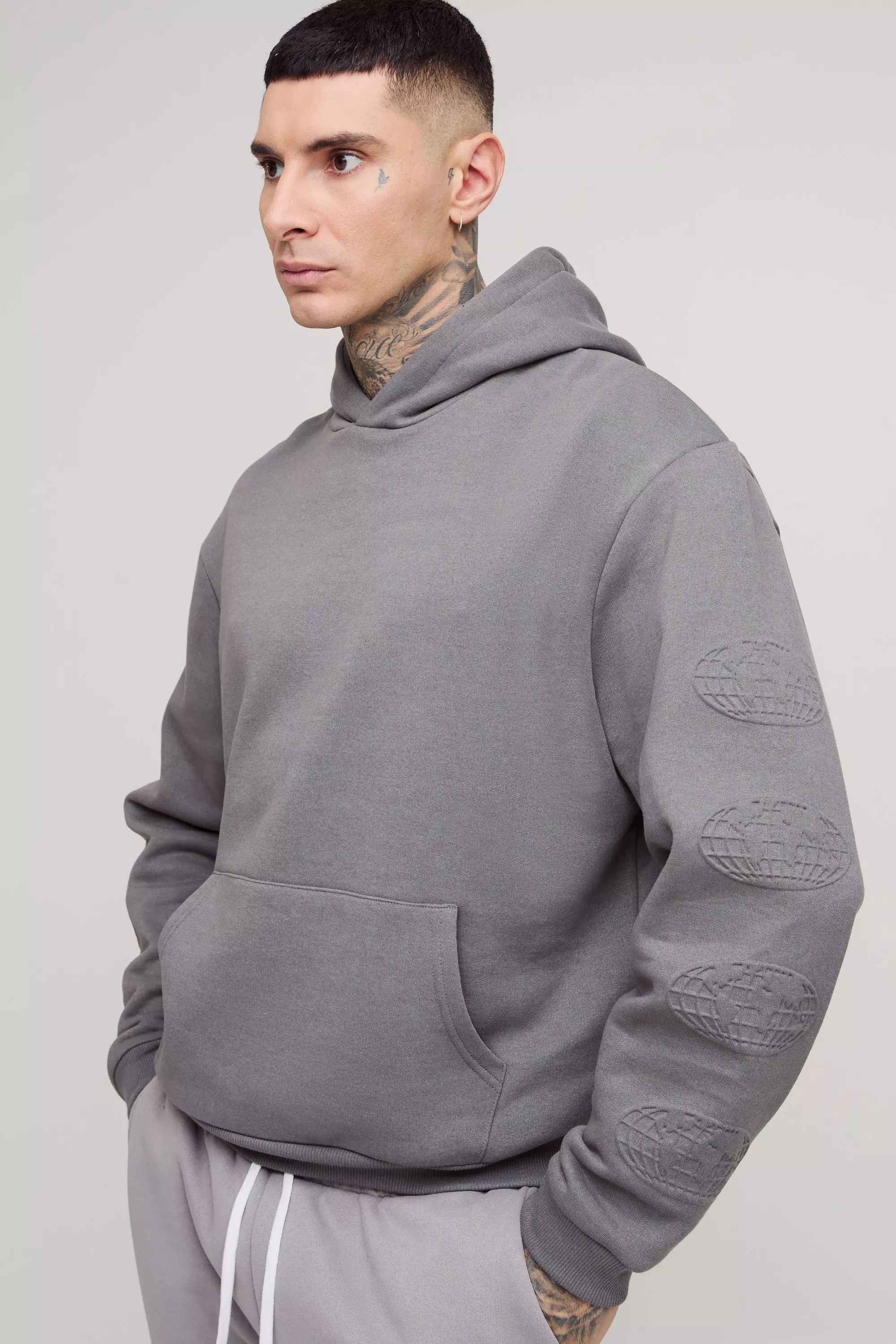 Grey Tall Oversized Boxy WRLDWD Embossed Sleeve Hoodie alternative image