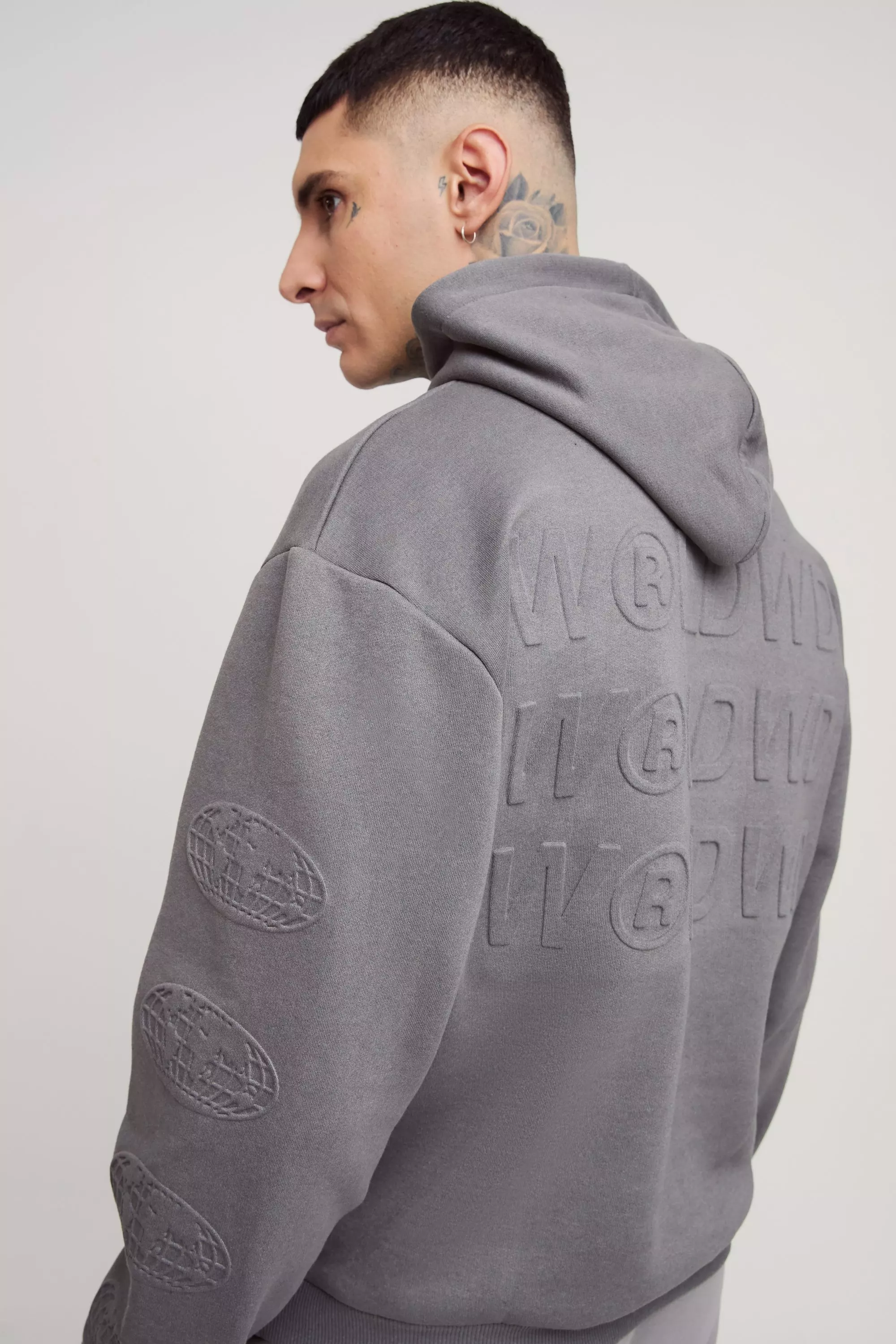 Grey Tall Oversized Boxy WRLDWD Embossed Sleeve Hoodie alternative image