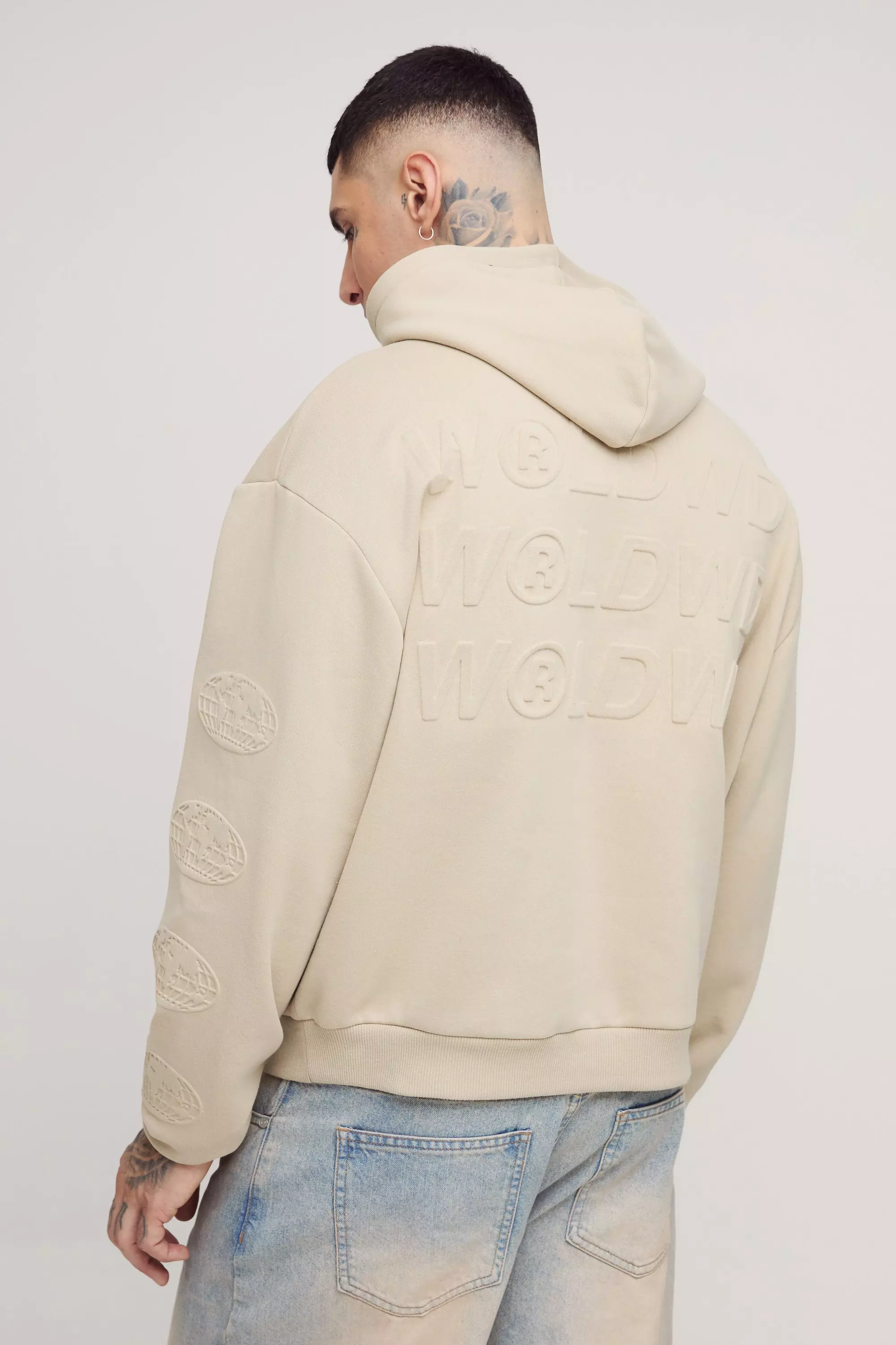 Tall Oversized Boxy WRLDWD Embossed Sleeve Hoodie Stone