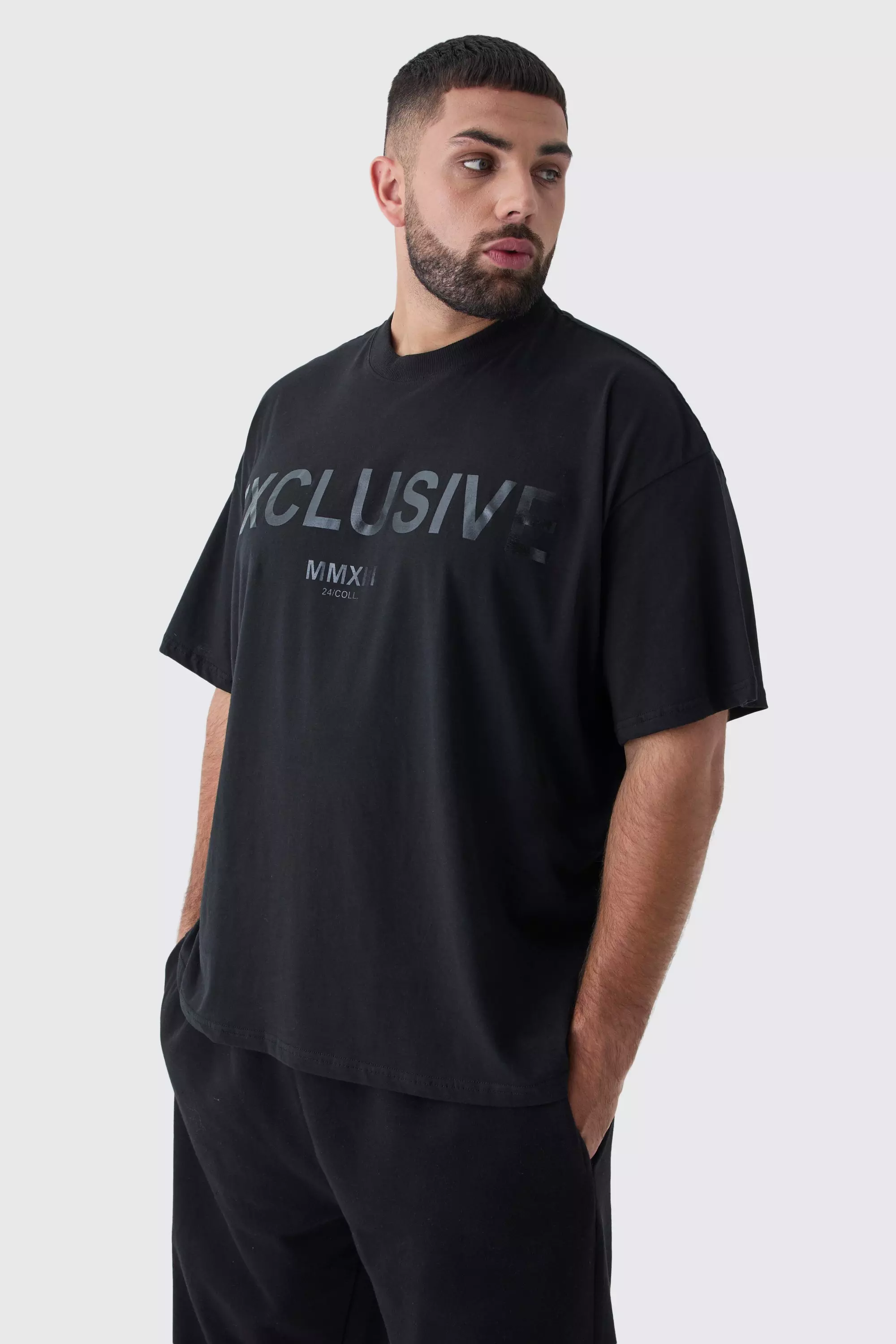 Black Plus Oversized Extended Neck Exclusive Print T-Shirt