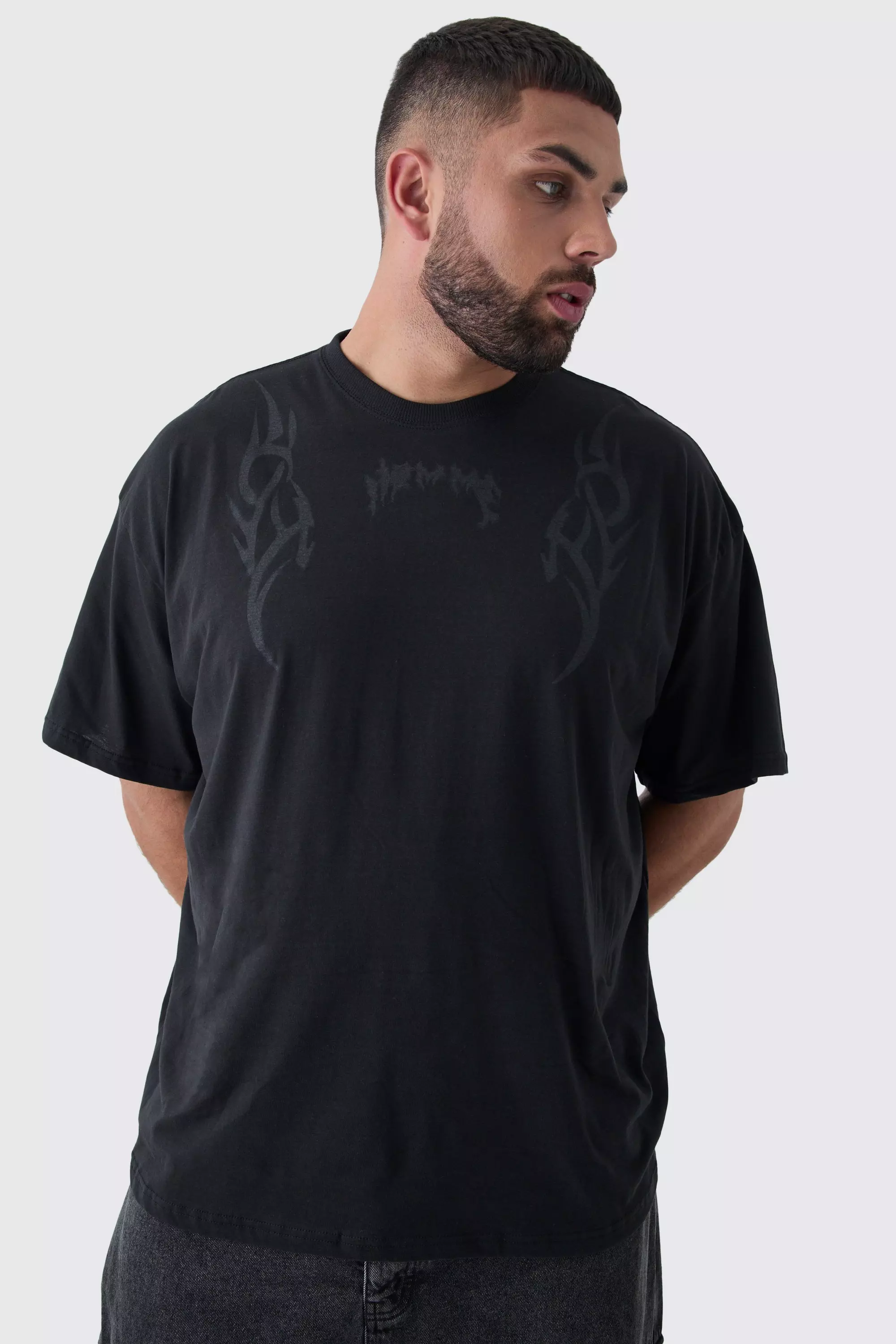 Black Plus Oversized Neck Homme Y2K Print T-Shirt