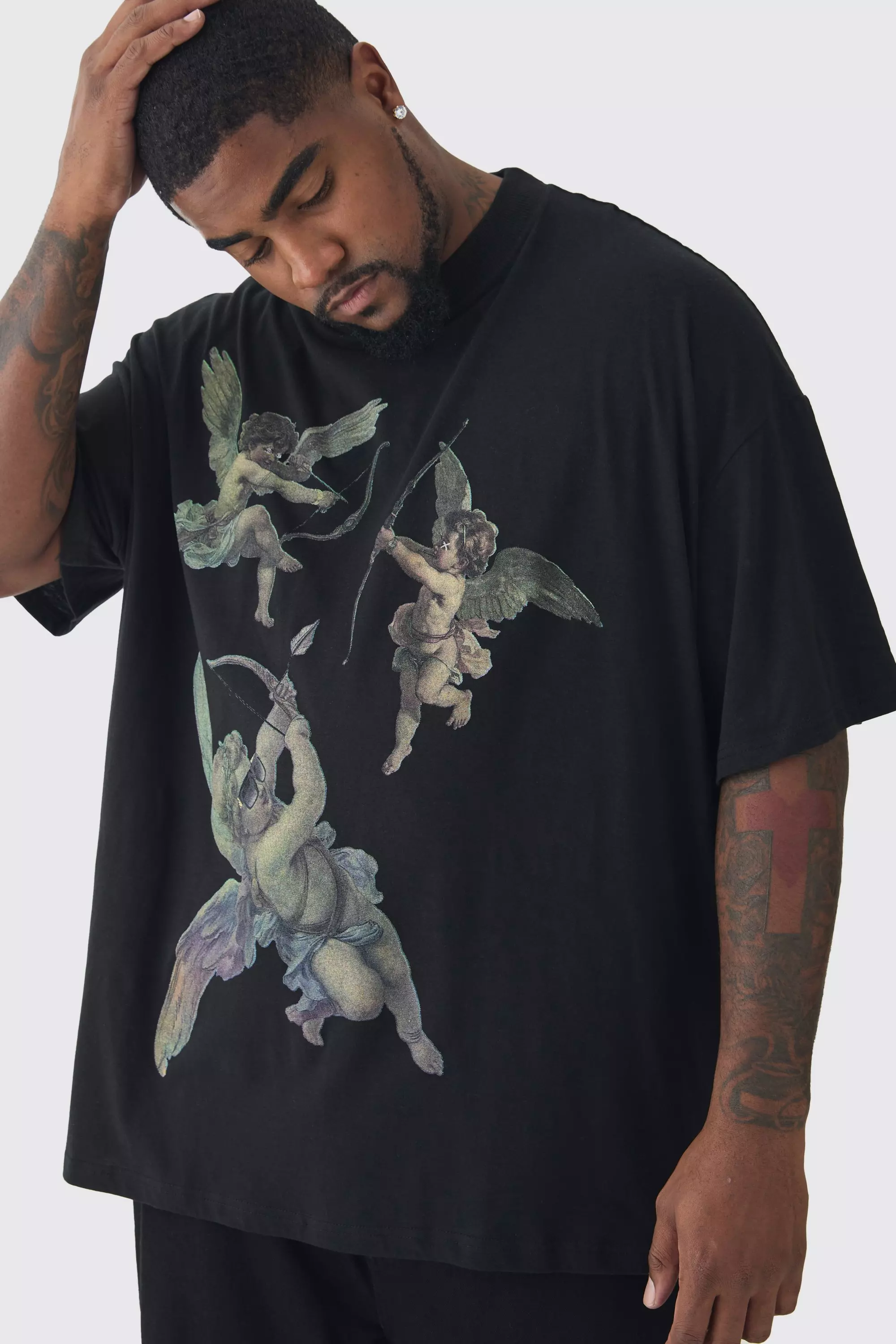 Black Plus Oversized Extended Neck Cherub Print T-Shirt