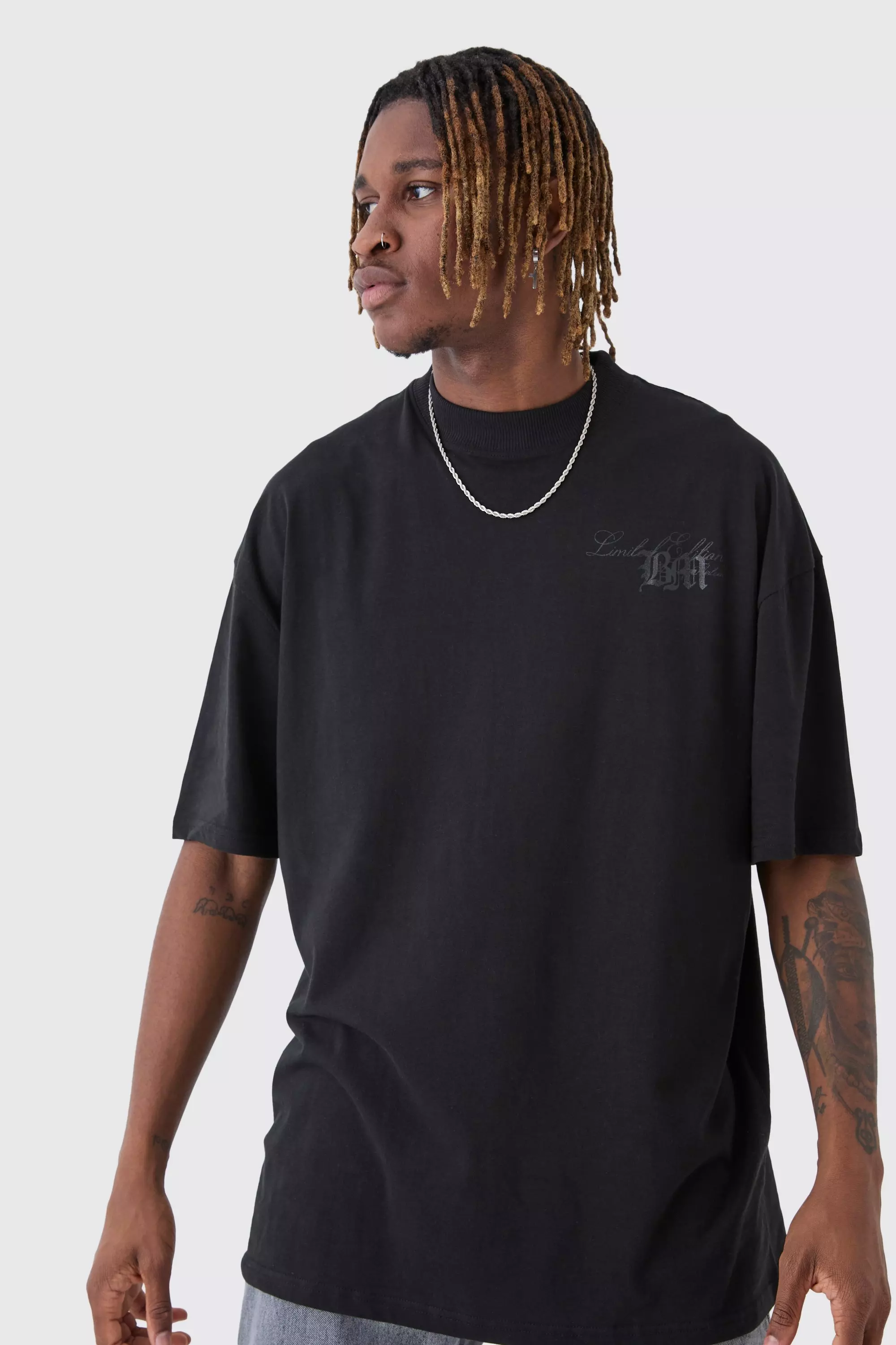 Black Tall Oversized Extended Neck Limited Edition Print T-Shirt