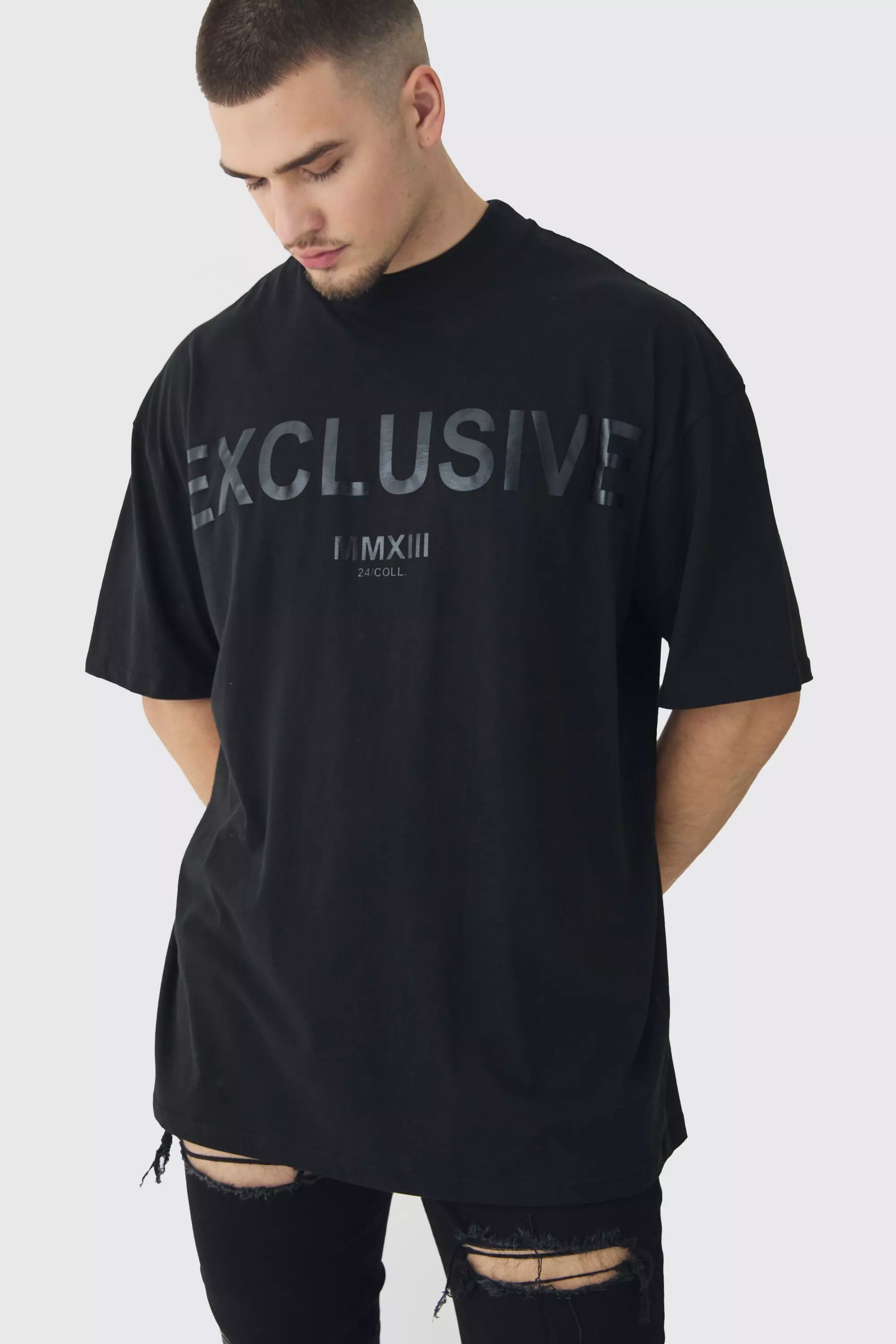 Black Tall Oversized Extended Neck Exclusive Print T-Shirt