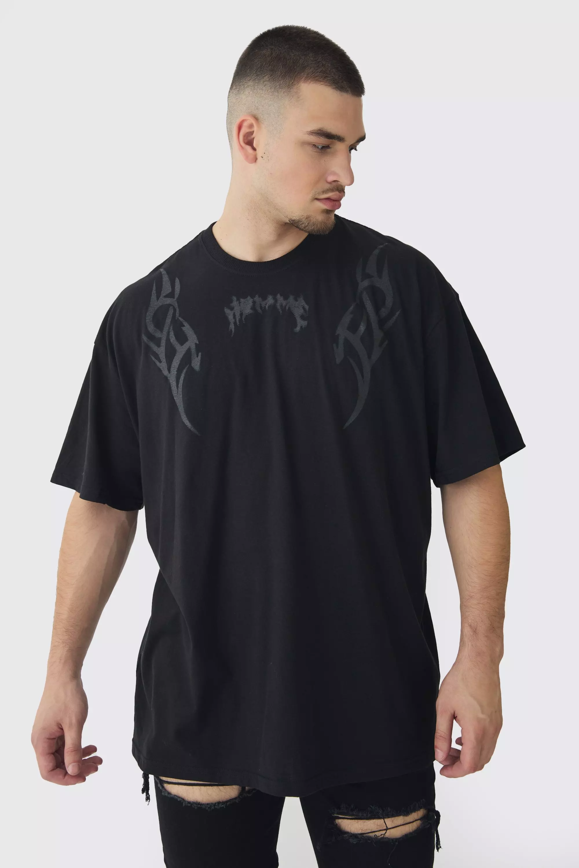 Black Tall Oversized Neck Homme Y2K Print T-Shirt