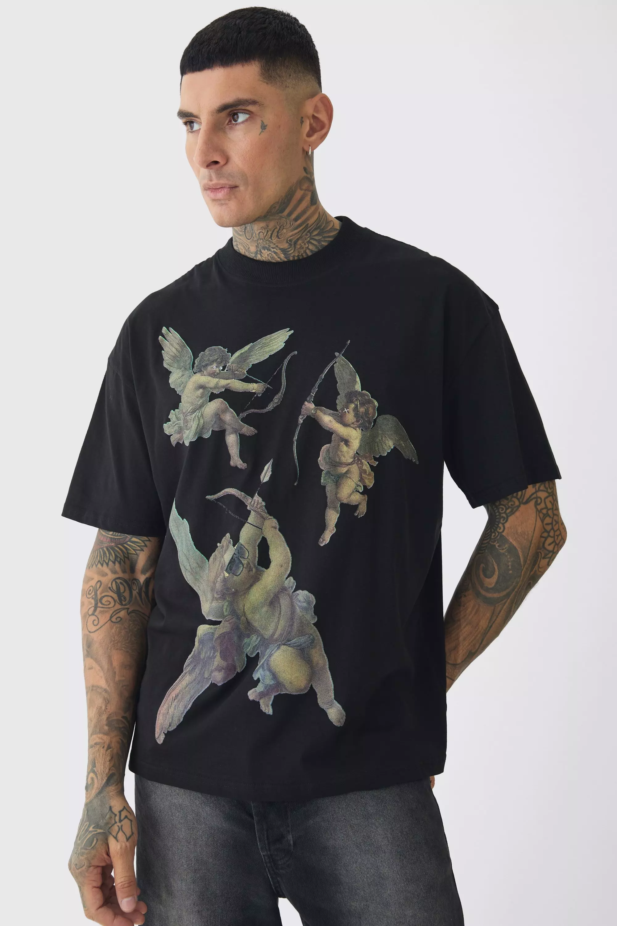 Black Tall Oversized Extended Neck Cherub Print T-Shirt