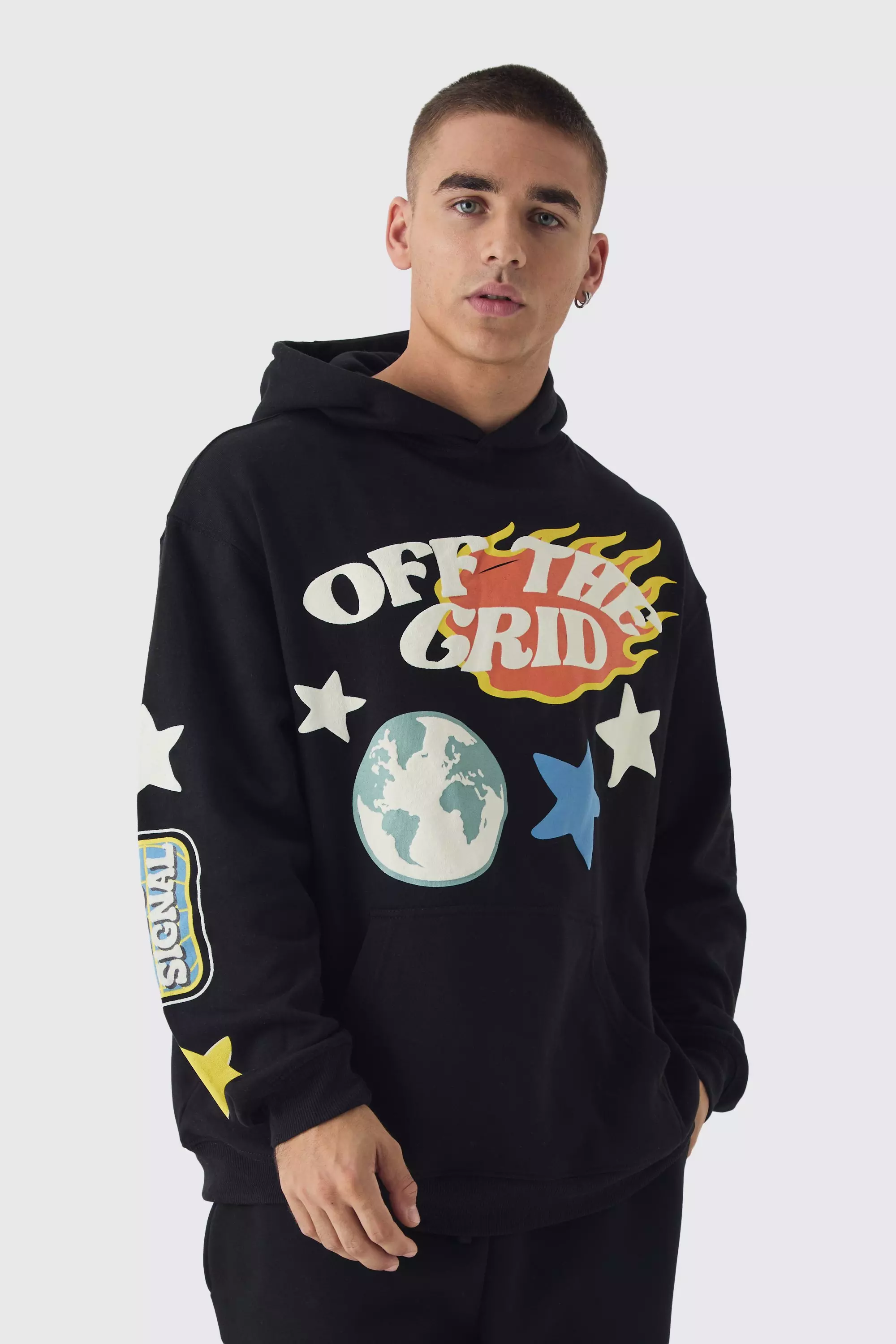 Black Oversized Off The Grid Puff Print Hoodie