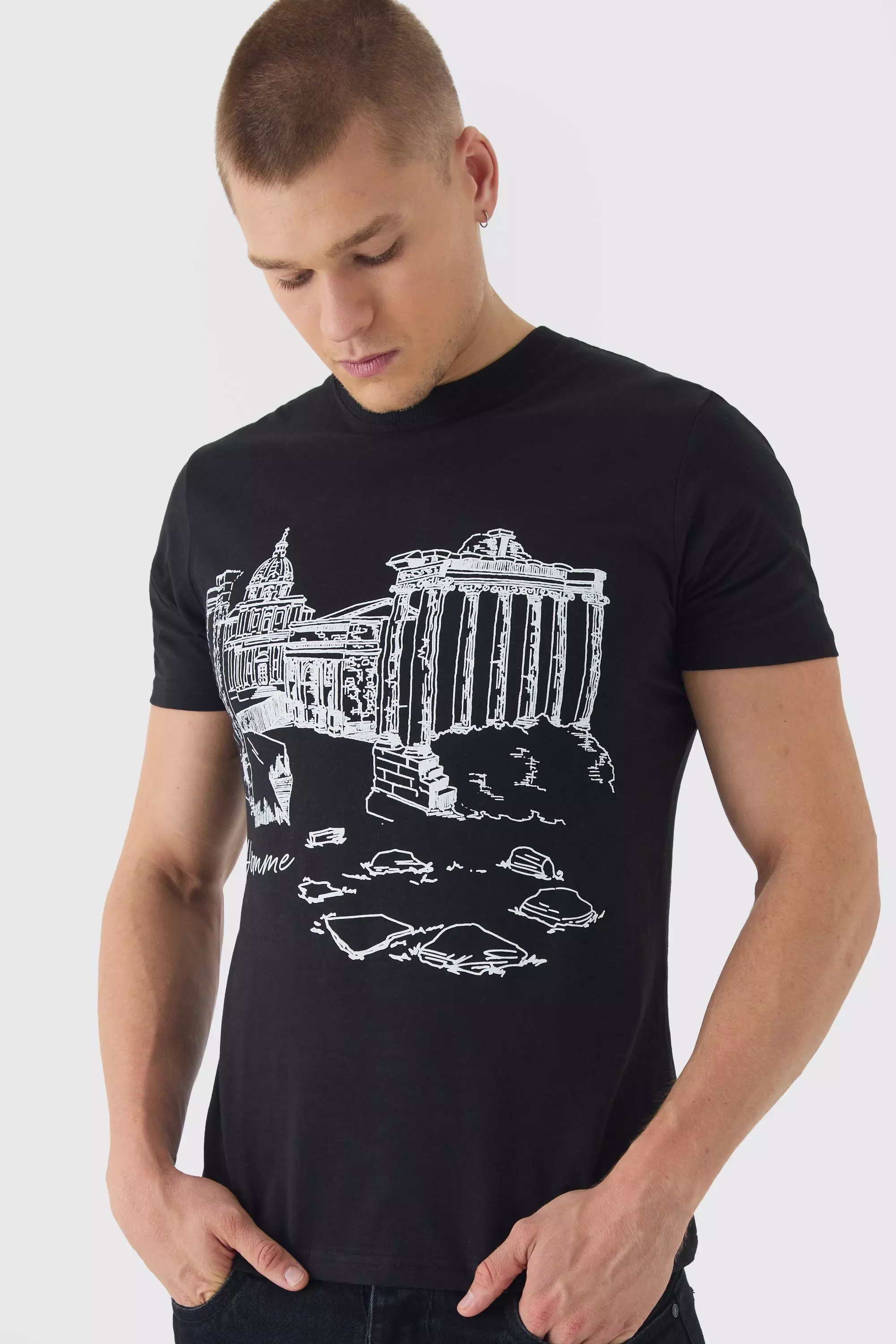 Black Slim Landscape Stencil Print T-Shirt