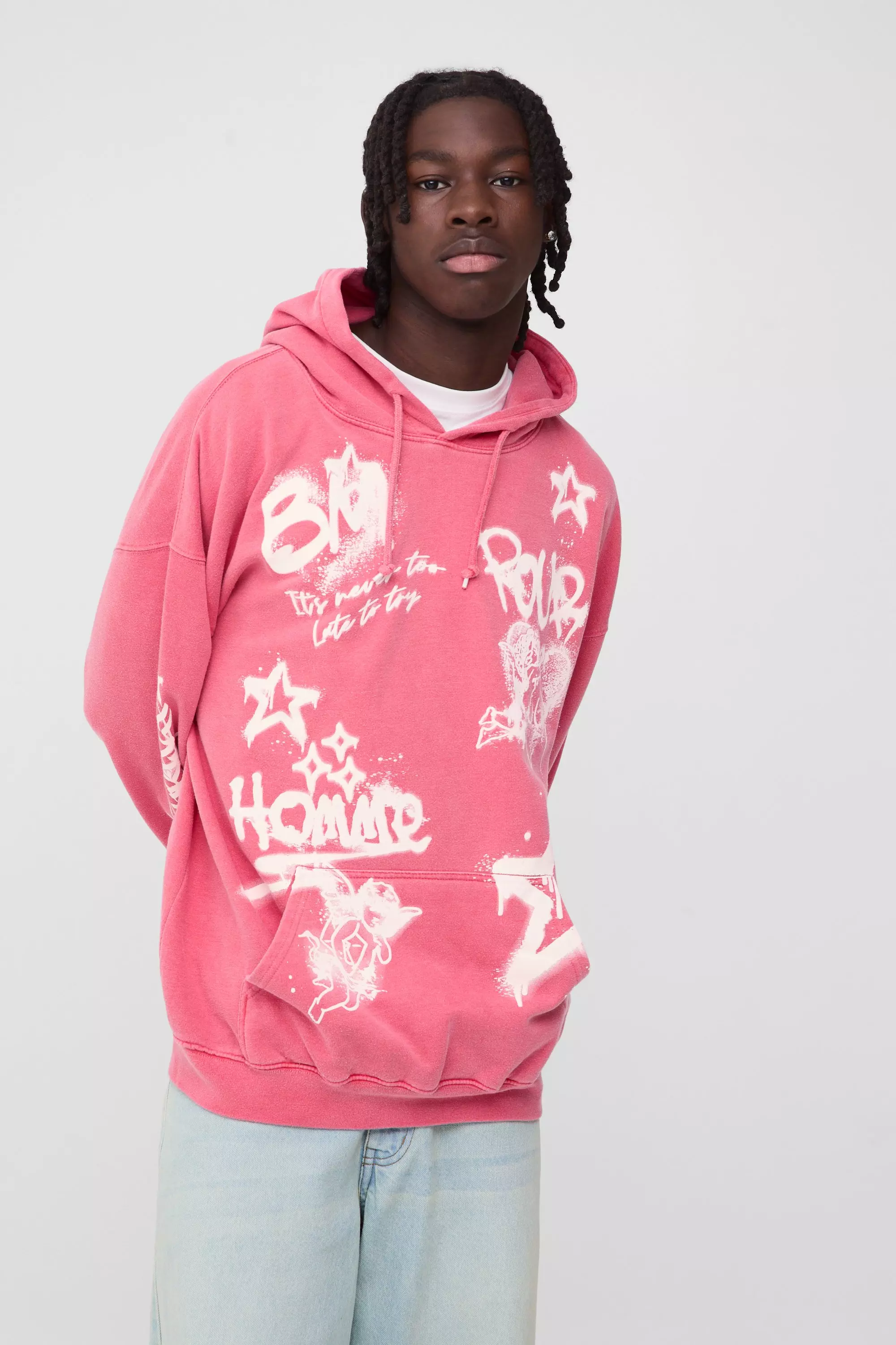 Red Oversized Washed Graffiti Graphic Hoodie alternative image