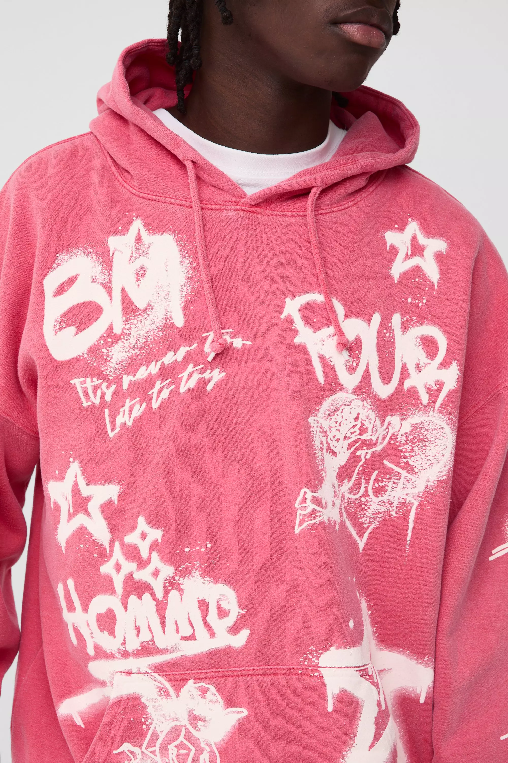 Red Oversized Washed Graffiti Graphic Hoodie alternative image