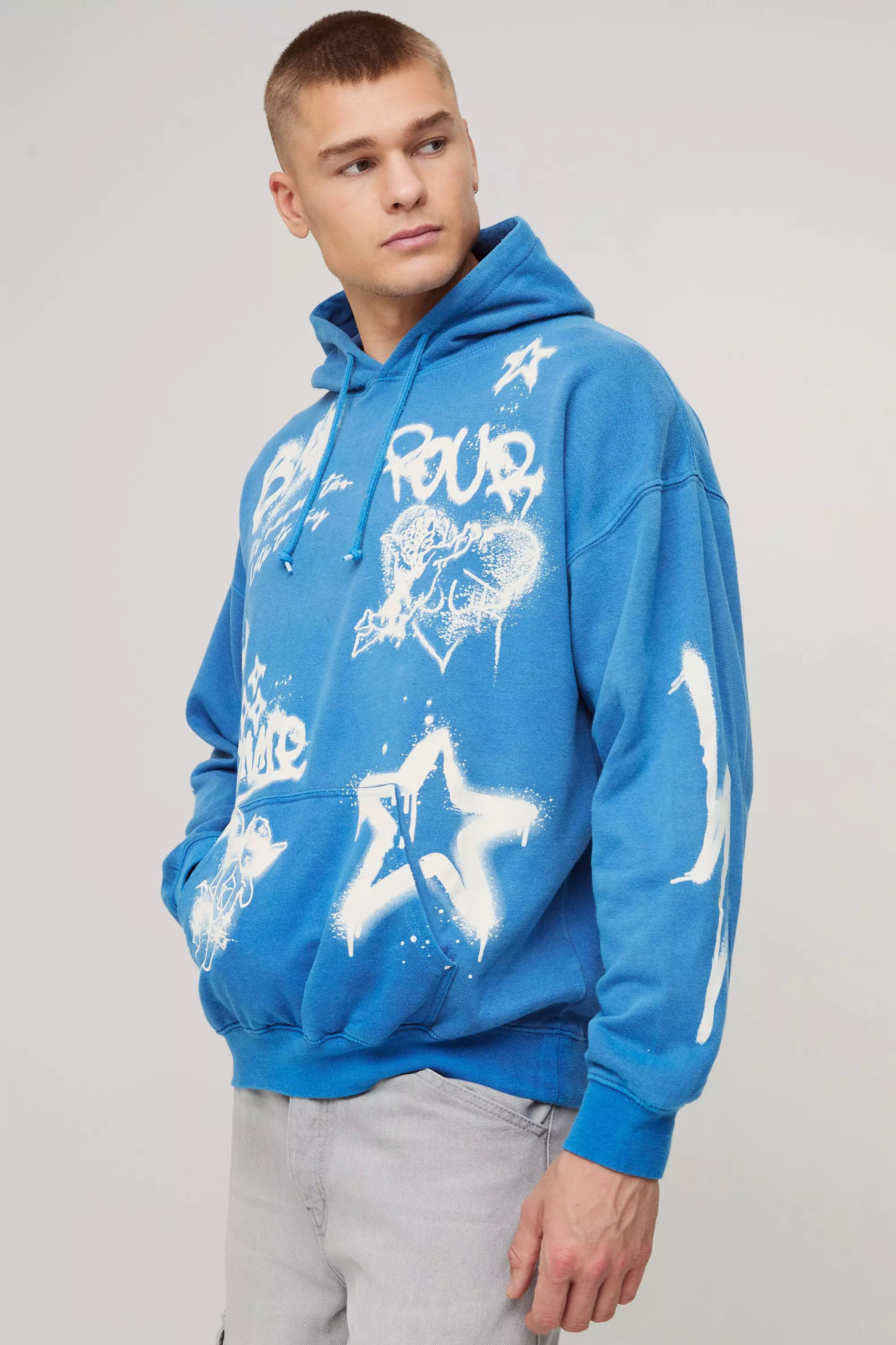 Hoodie mit Graffiti-Print und Reißverschluss, Cobalt alternatives Bild