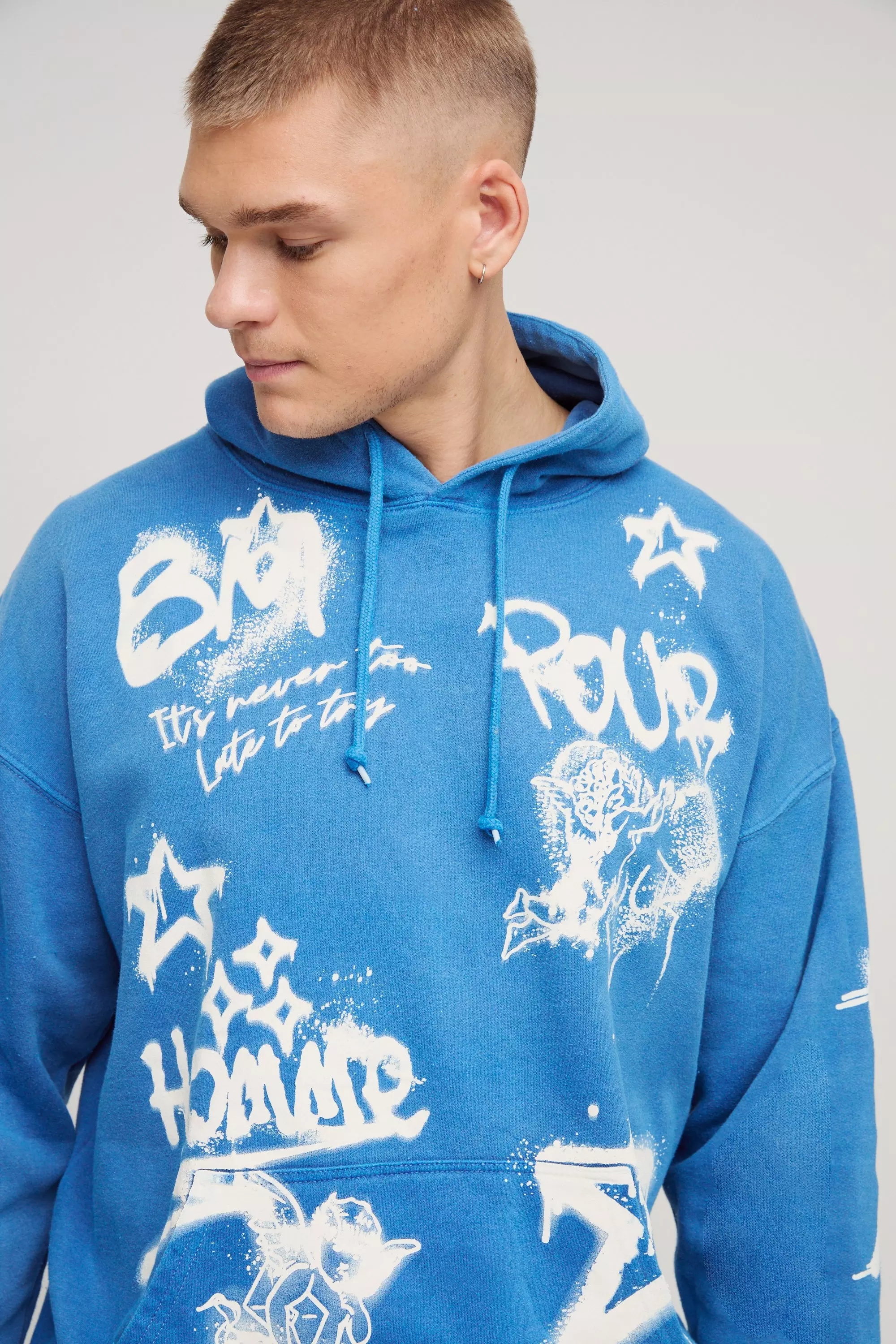 Hoodie mit Graffiti-Print und Reißverschluss, Cobalt alternatives Bild