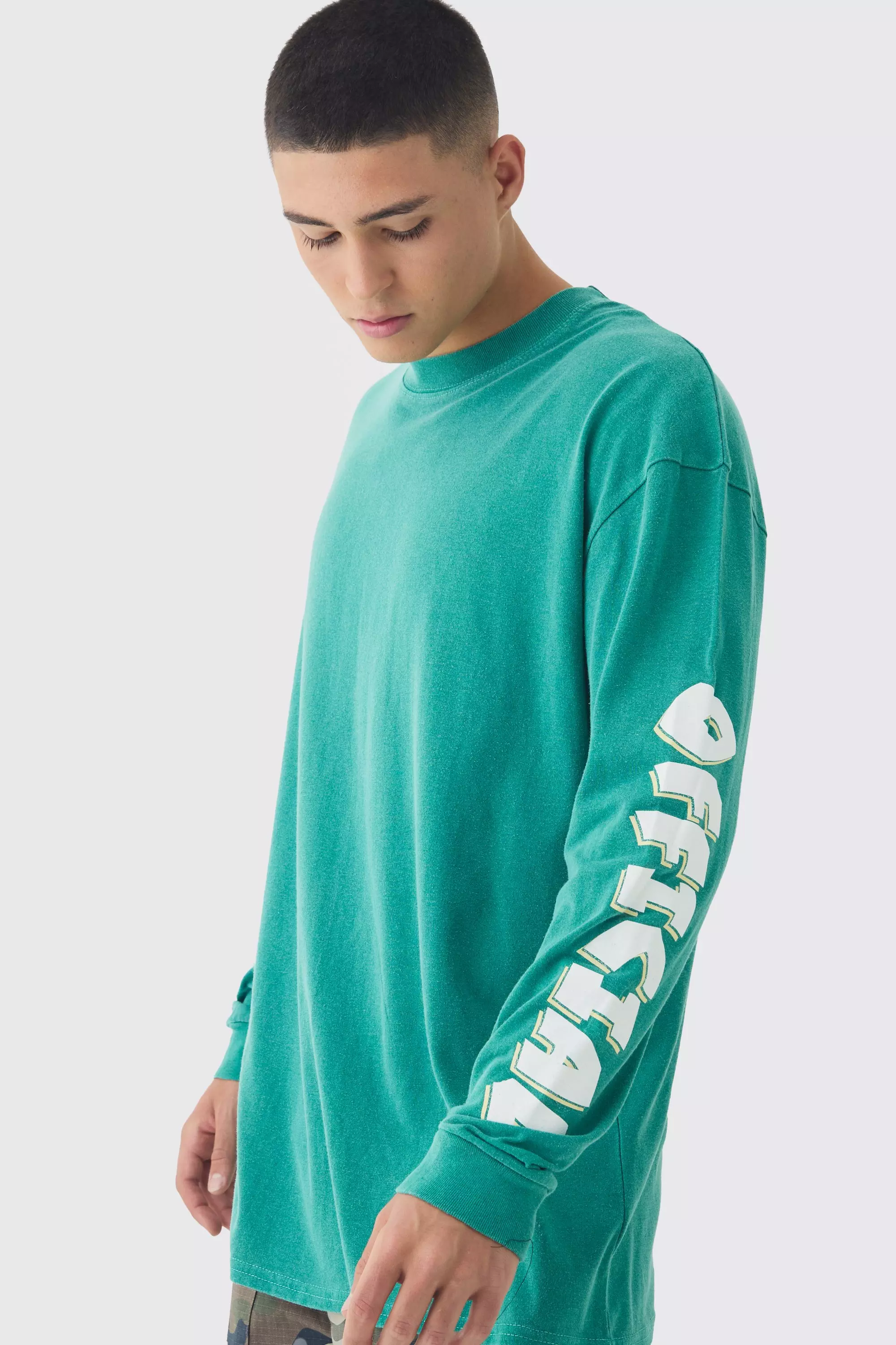 Oversized Washed Official Printed Long Sleeve T Shirt boohooMAN UK