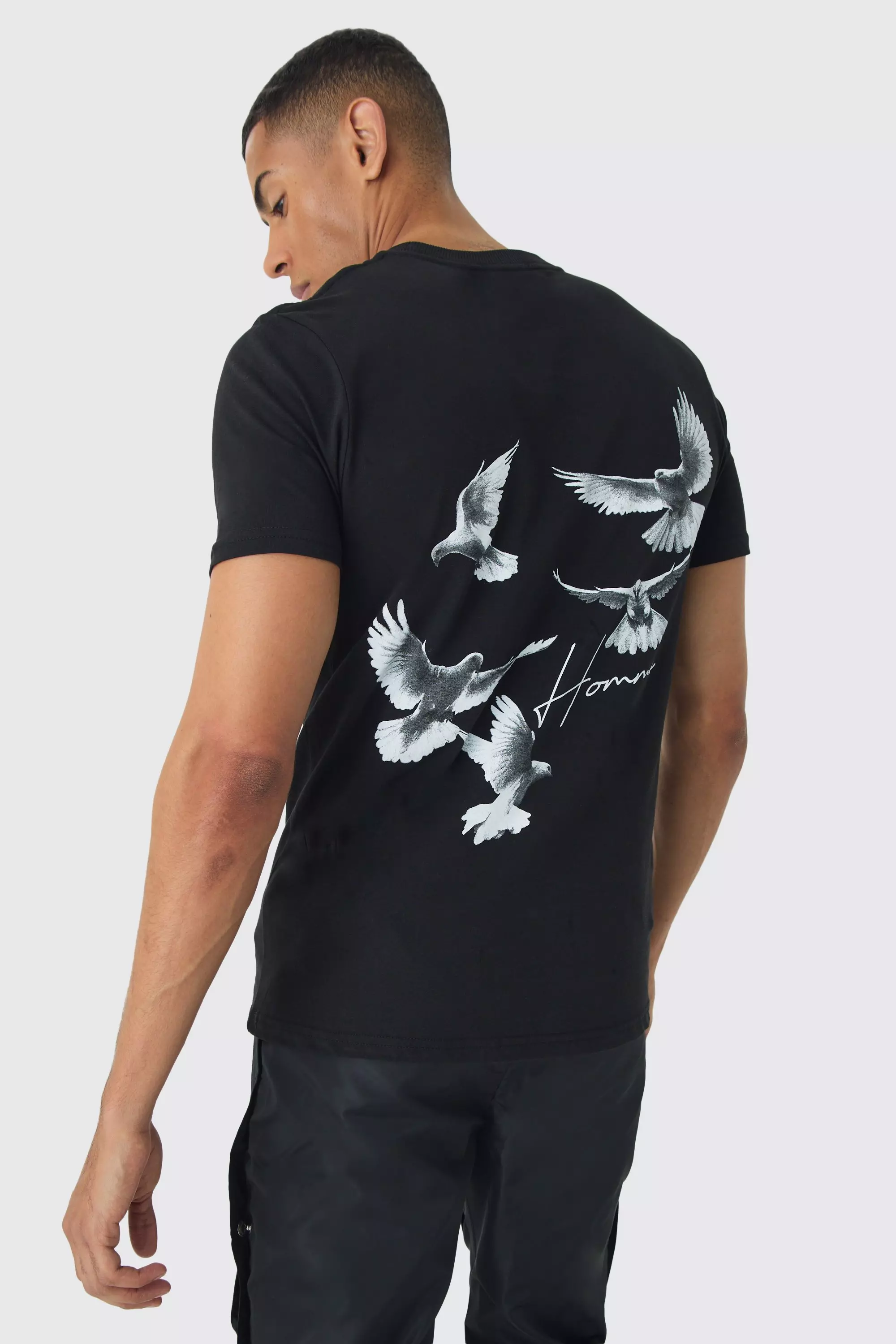 Black Slim Dove Back Print T-Shirt