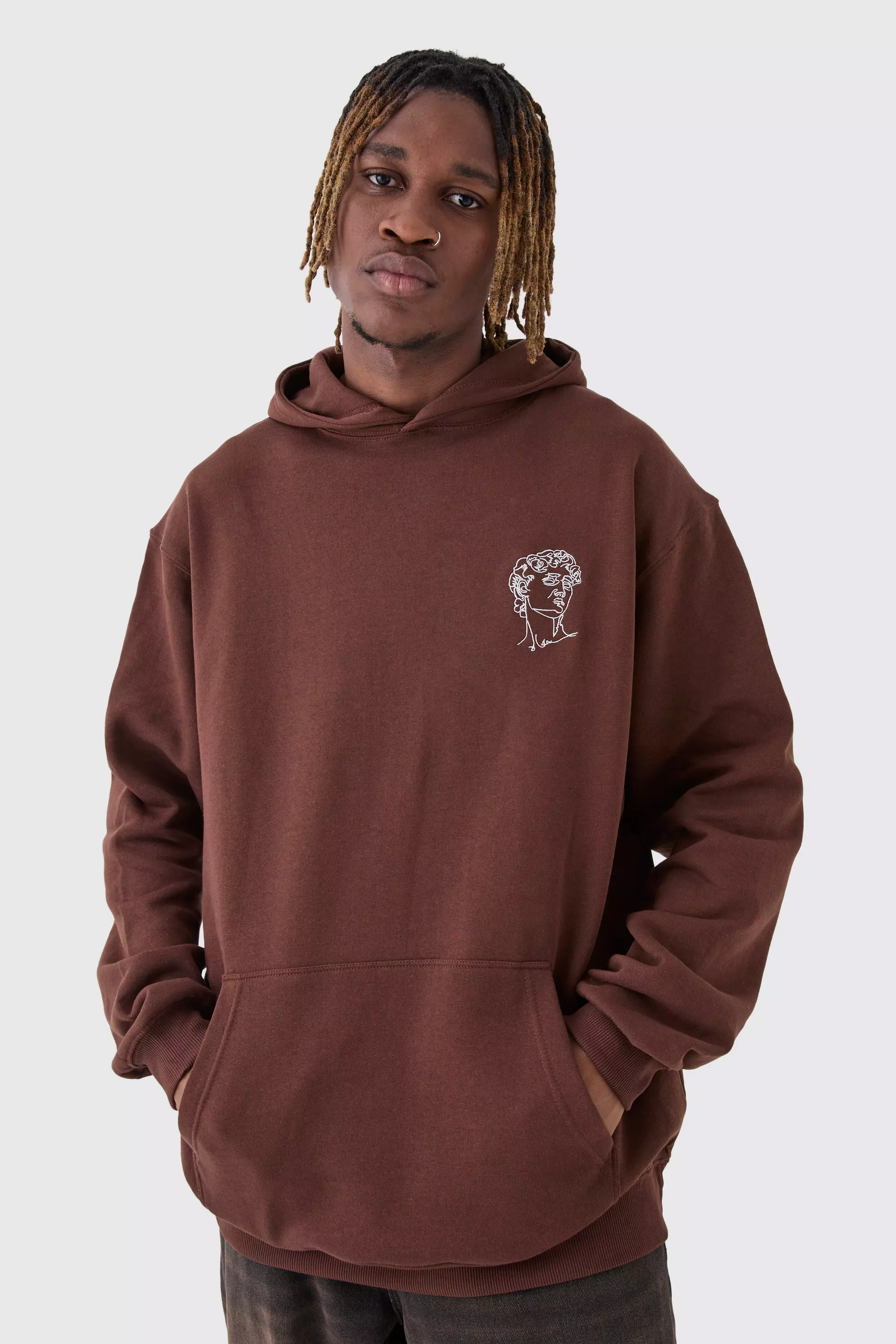 Tall Oversized Statue Embroidered Hoodie Chocolate