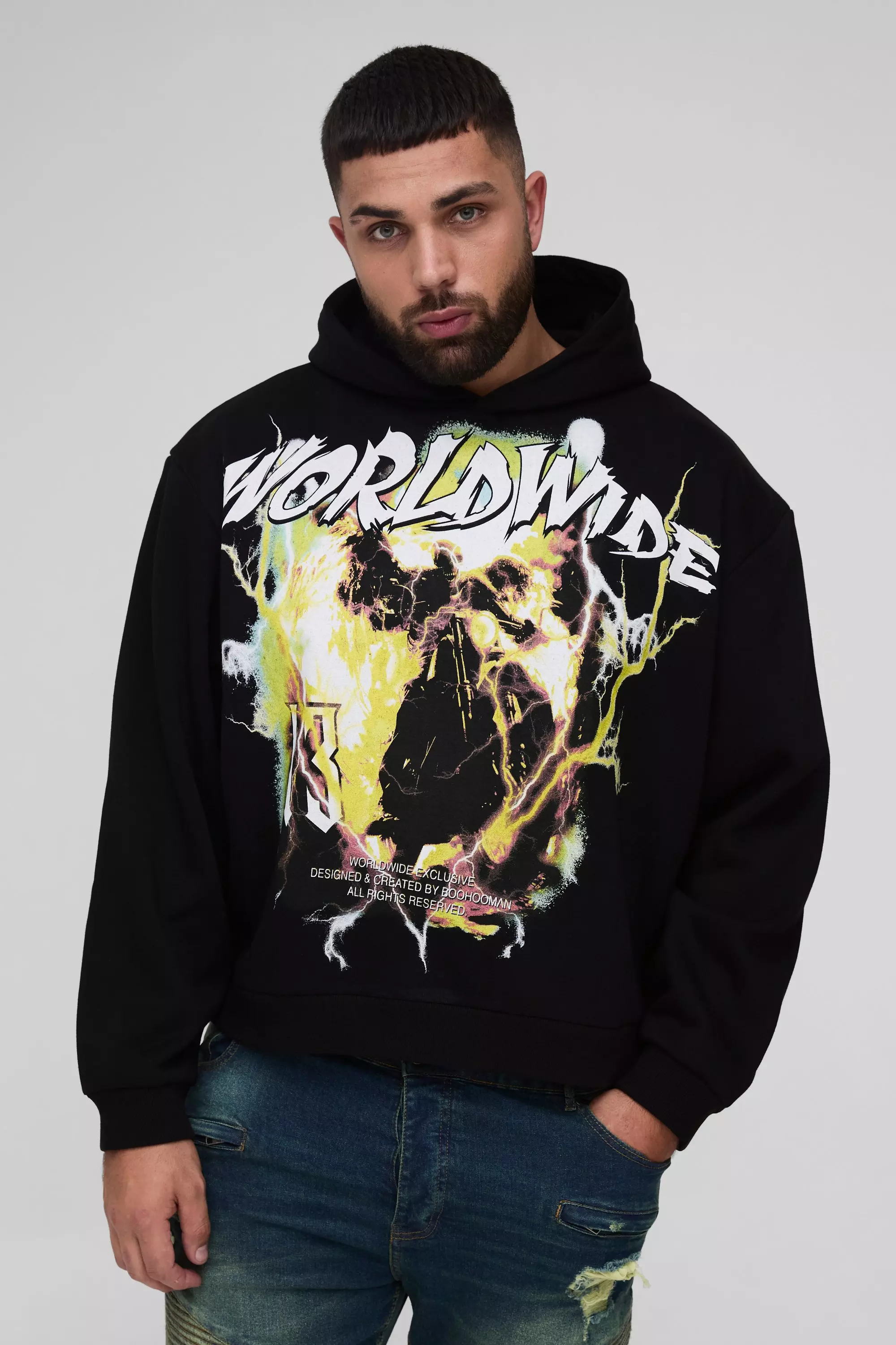 Plus Oversized Boxy Worldwide Large Scale Print Hoodie boohooMAN UK