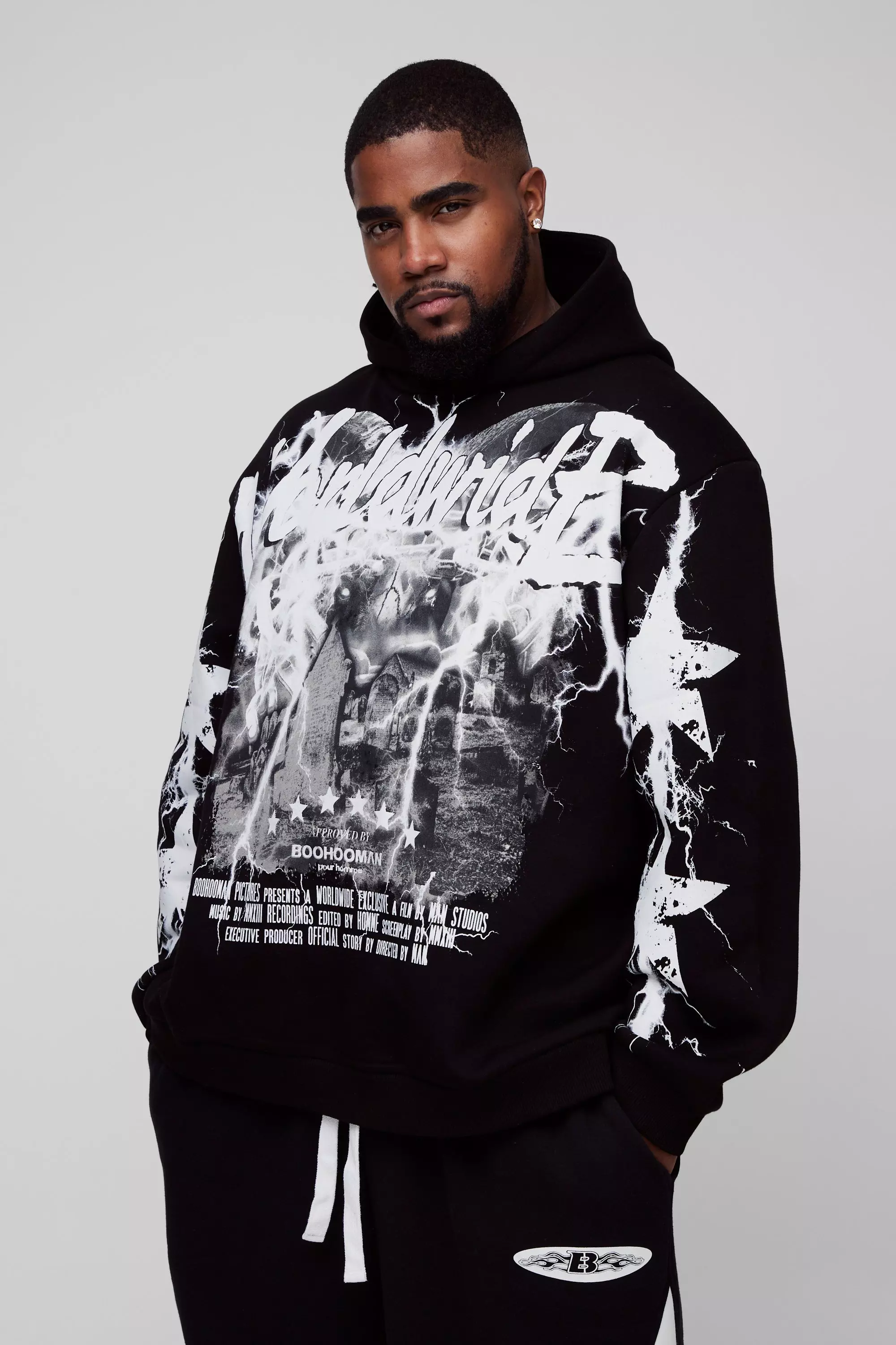 Black Plus Oversized Worldwide Large Scale Print Hoodie