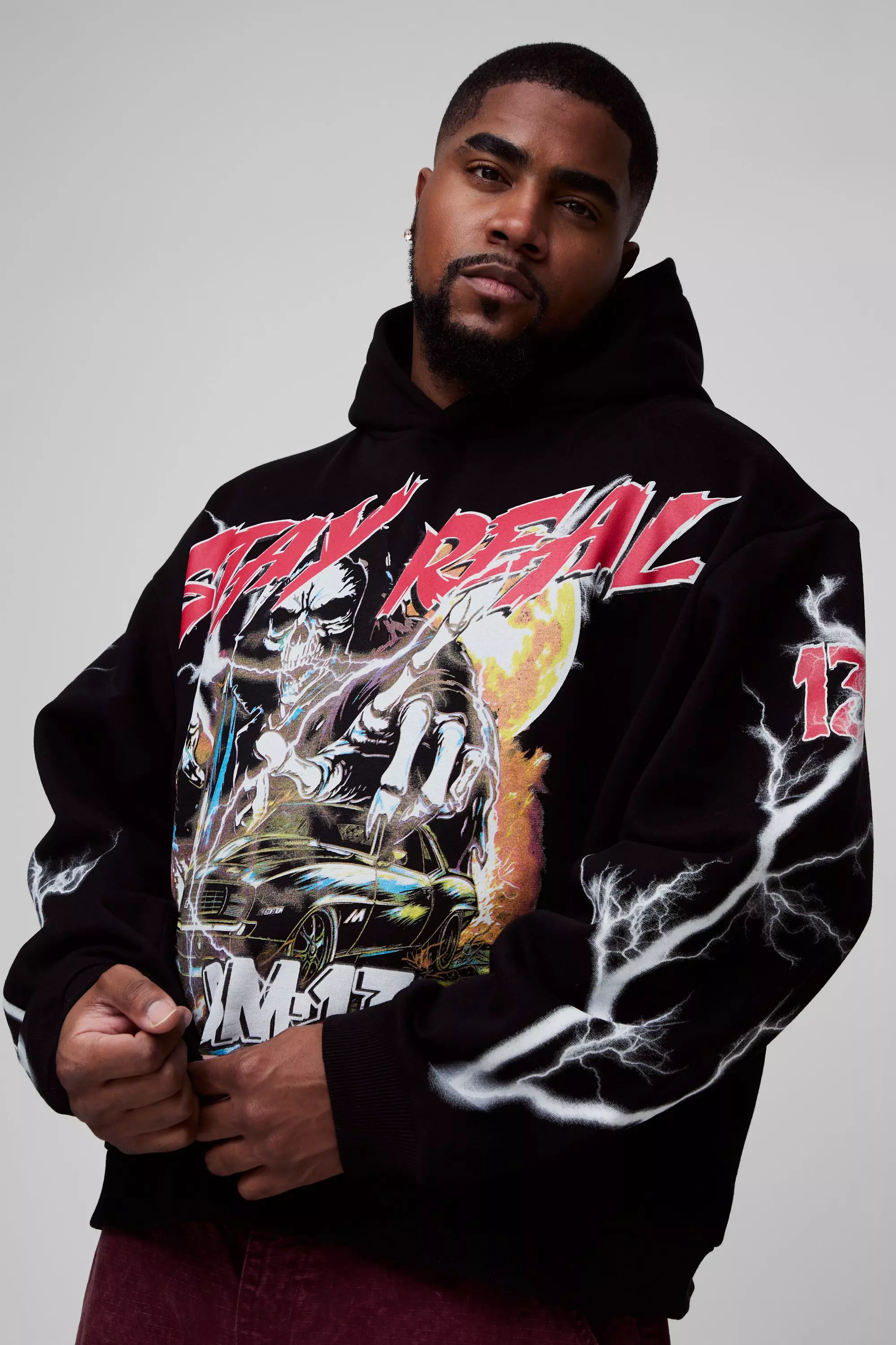 Plus Oversized Boxy Skeleton Large Scale Print Hoodie Black