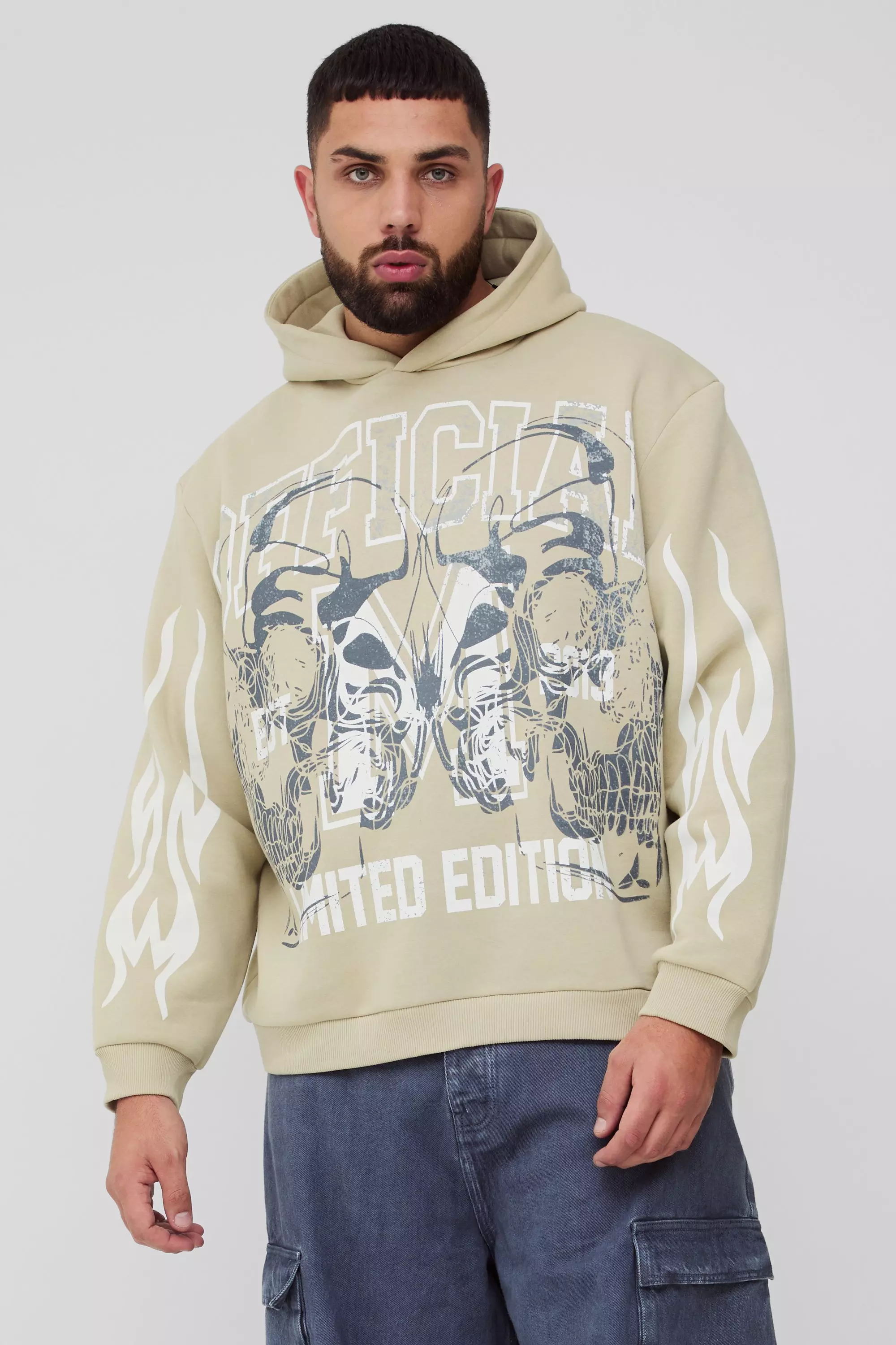 Plus Oversized Official Skull Large Print Hoodie Stone