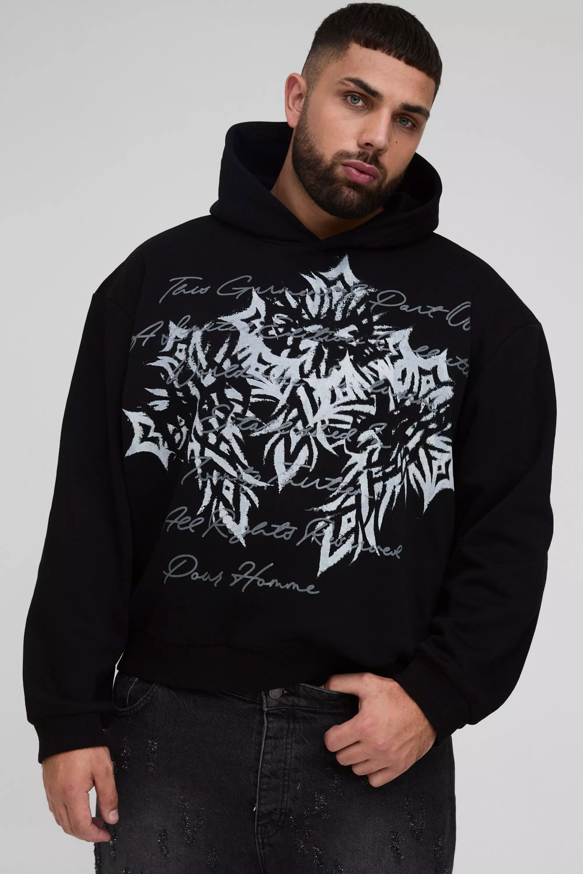 Black Plus Oversized Boxy Large Scale Cross Print Hoodie