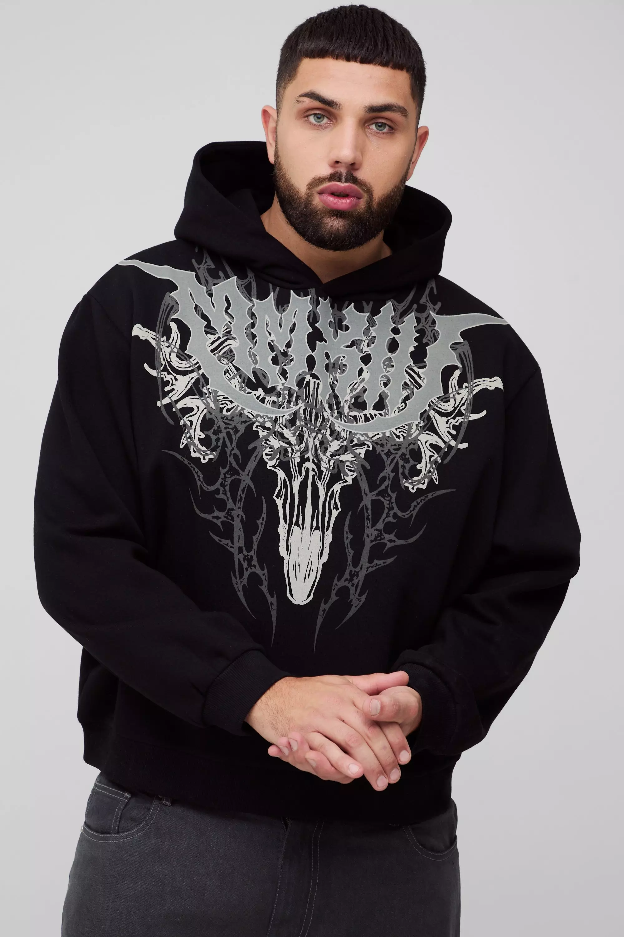 Plus Oversized Boxy Gothic Large Scale Print Hoodie Black