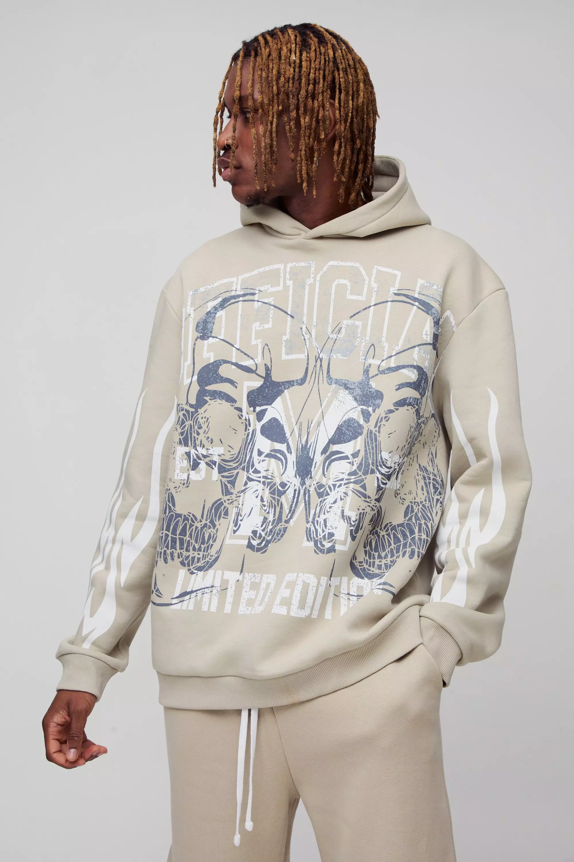 Tall Oversized Official Skull Large Print Hoodie Stone