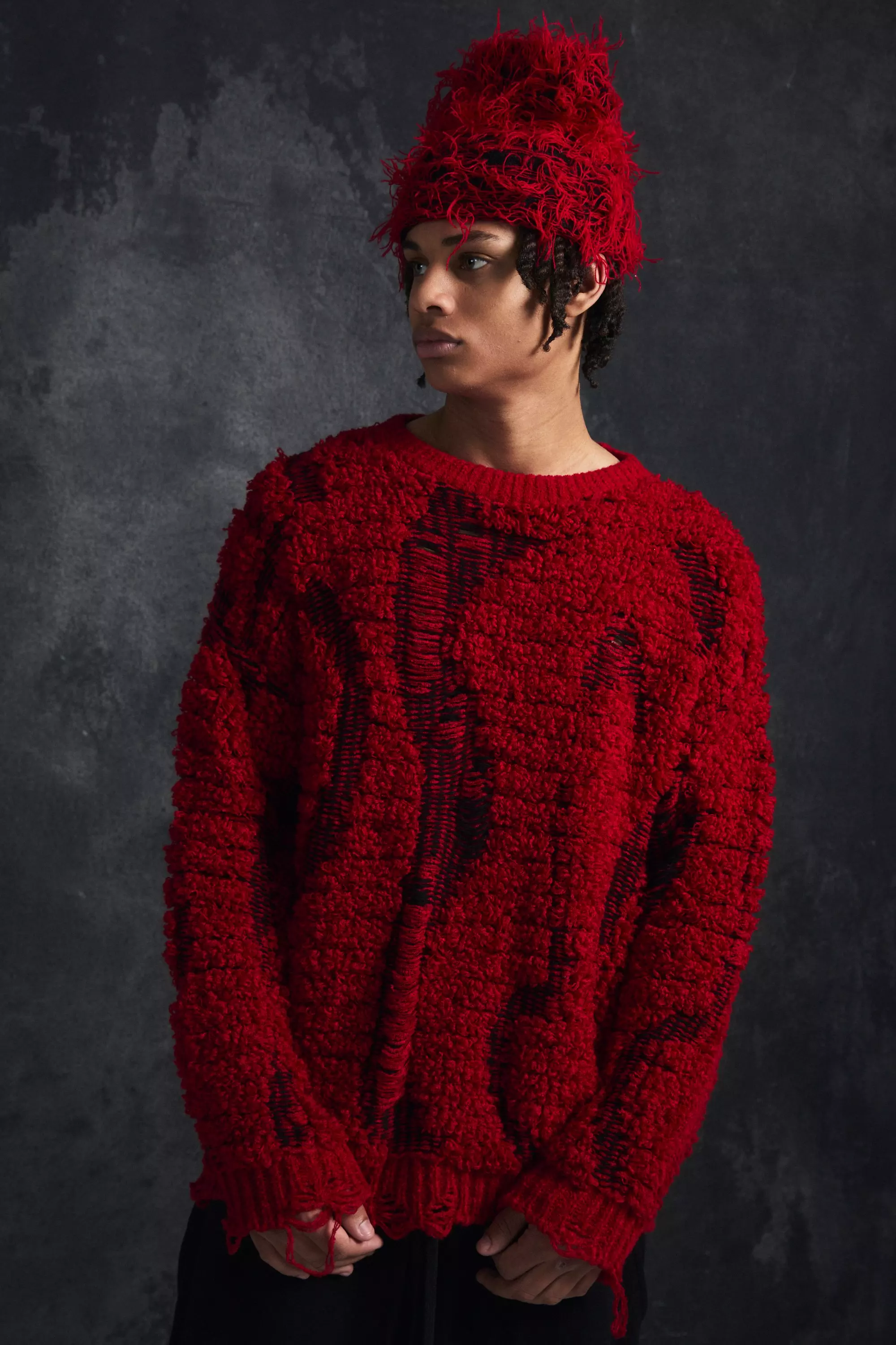 Trippie Redd Drop Stitch Textured Boxy Oversized Sweater Red