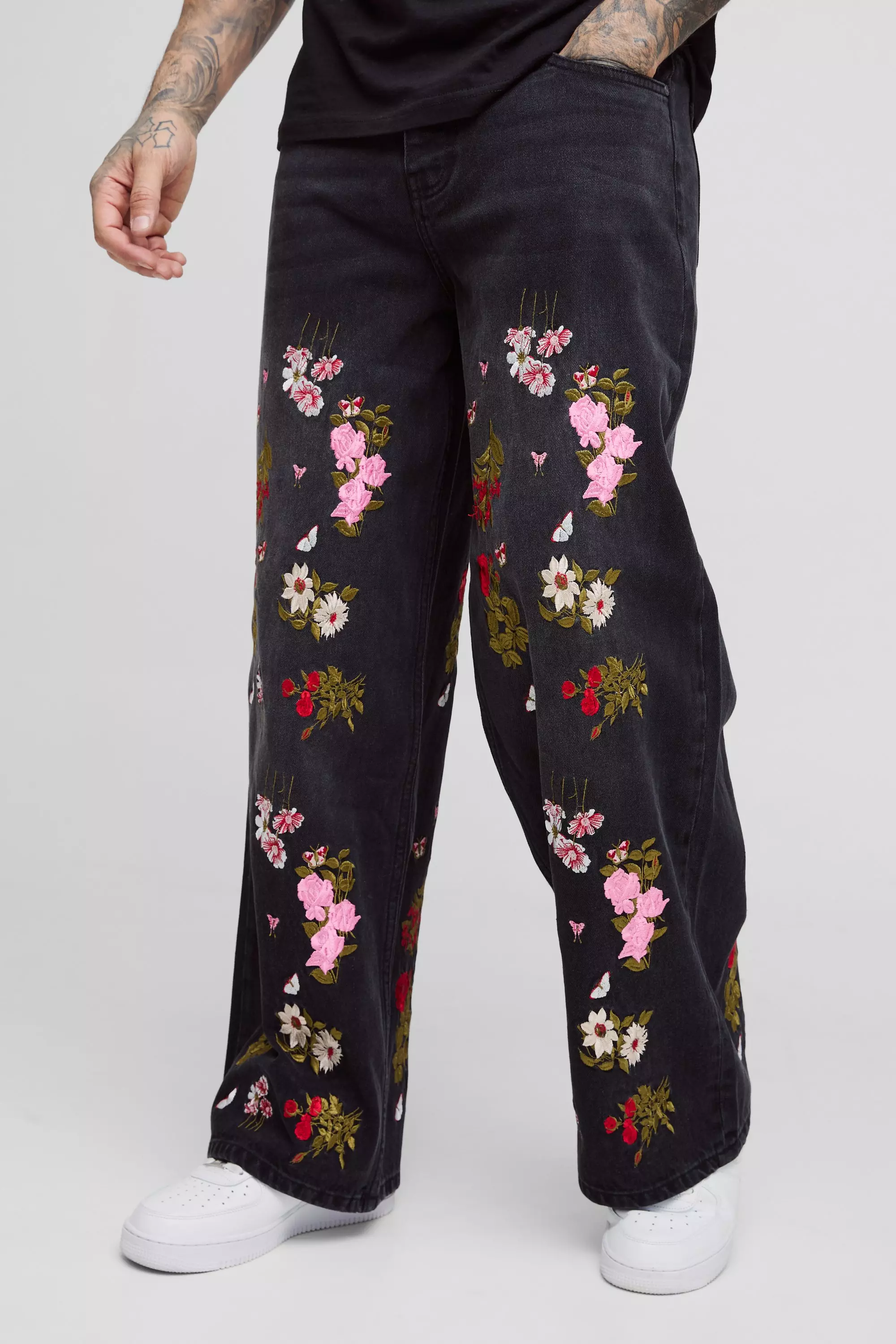 Tall Baggy Fit Floral Embroidered Jeans Washed black