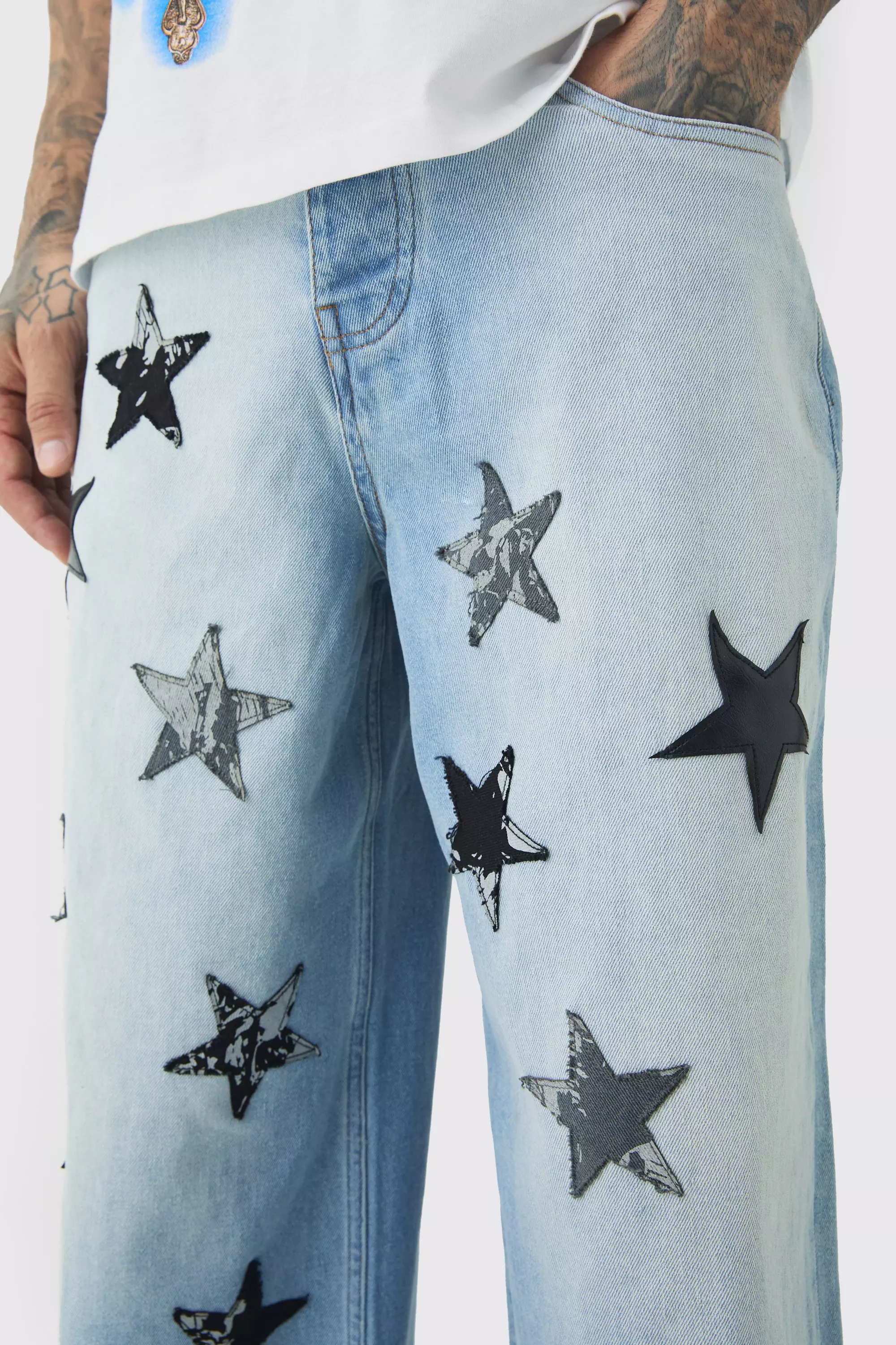 Antique blue Tall Star Applique Baggy Fit Jeans alternative image