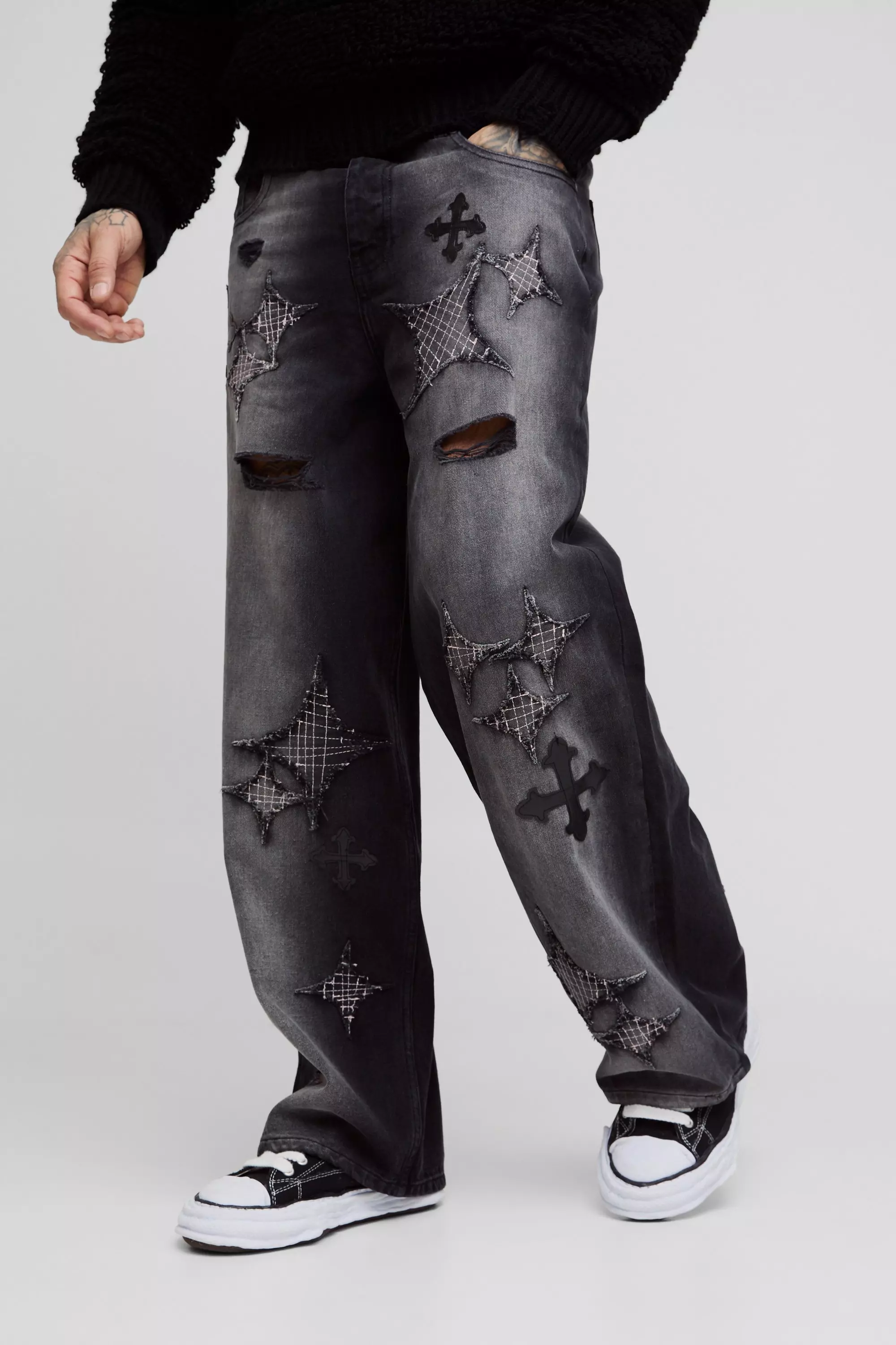 Washed black Tall Distressed Applique Baggy Fit Jeans alternative image