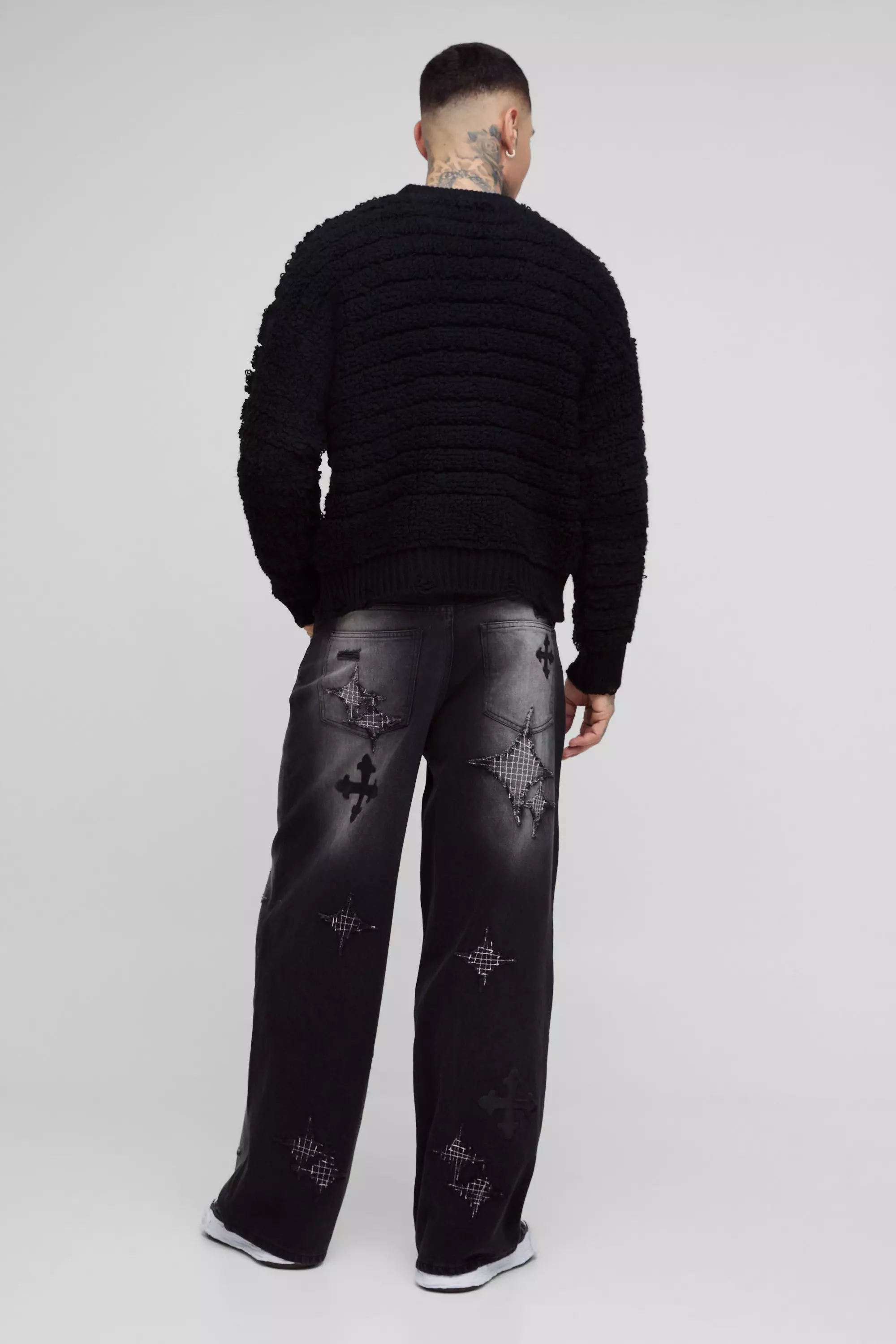 Washed black Tall Distressed Applique Baggy Fit Jeans alternative image
